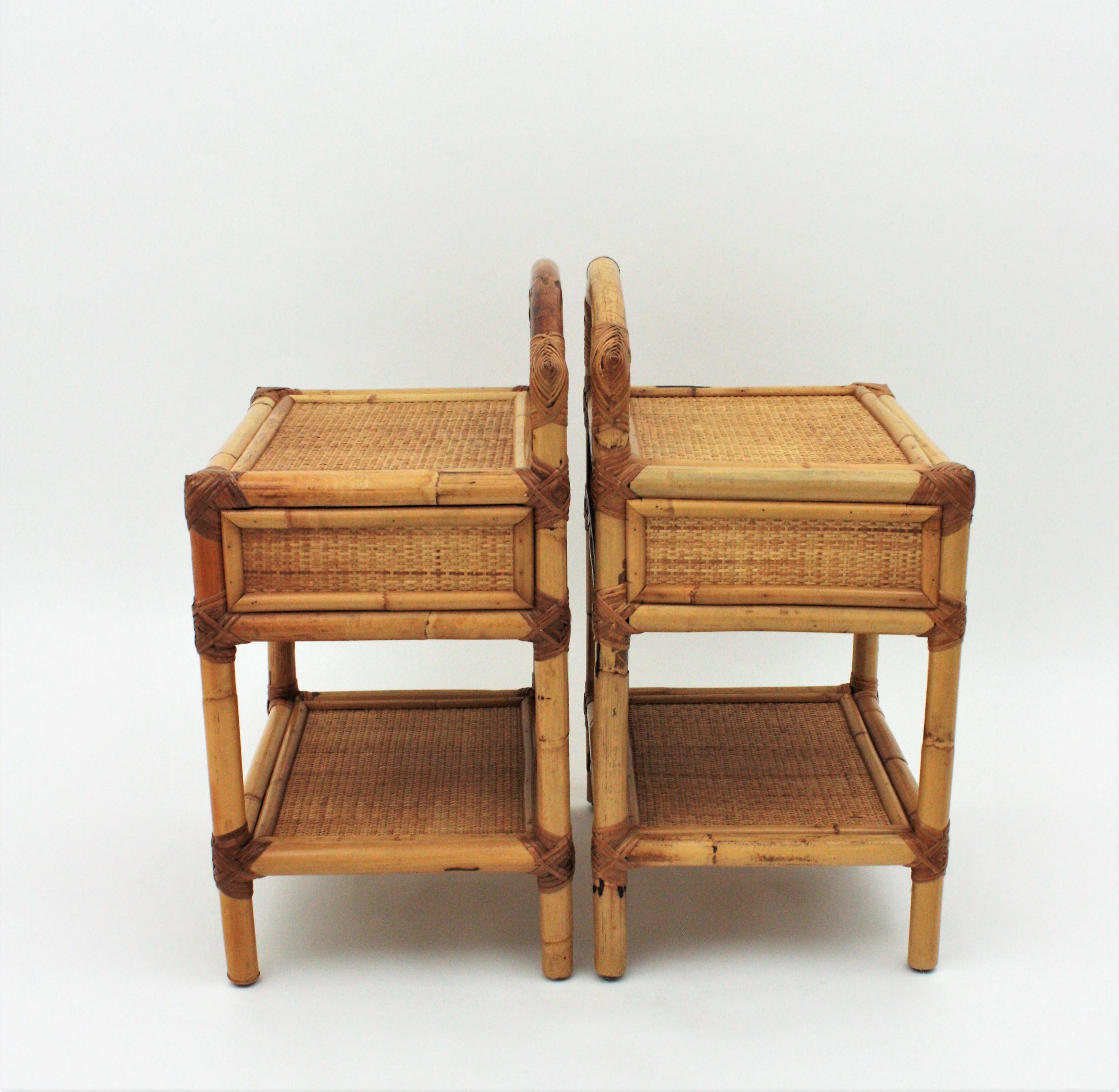 Spanish Pair of Bamboo and Woven Rattan Nightstands End Tables or Small Chests, 1970s
