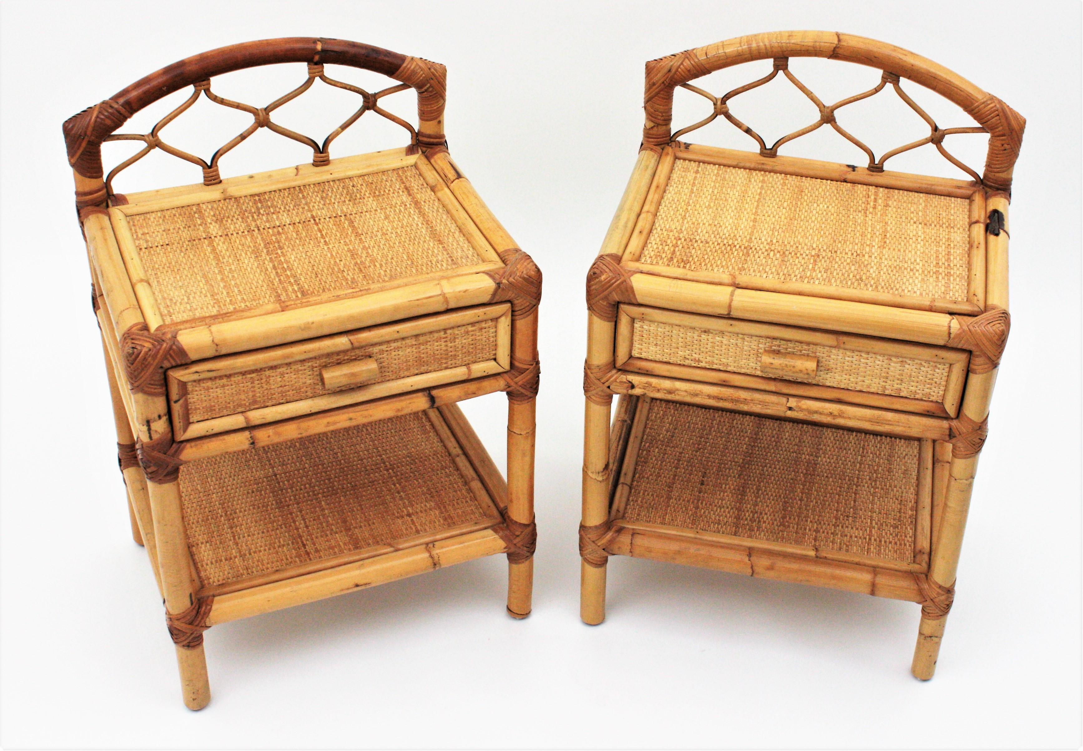Pair of Bamboo and Woven Rattan Nightstands End Tables or Small Chests, 1970s In Excellent Condition In Barcelona, ES