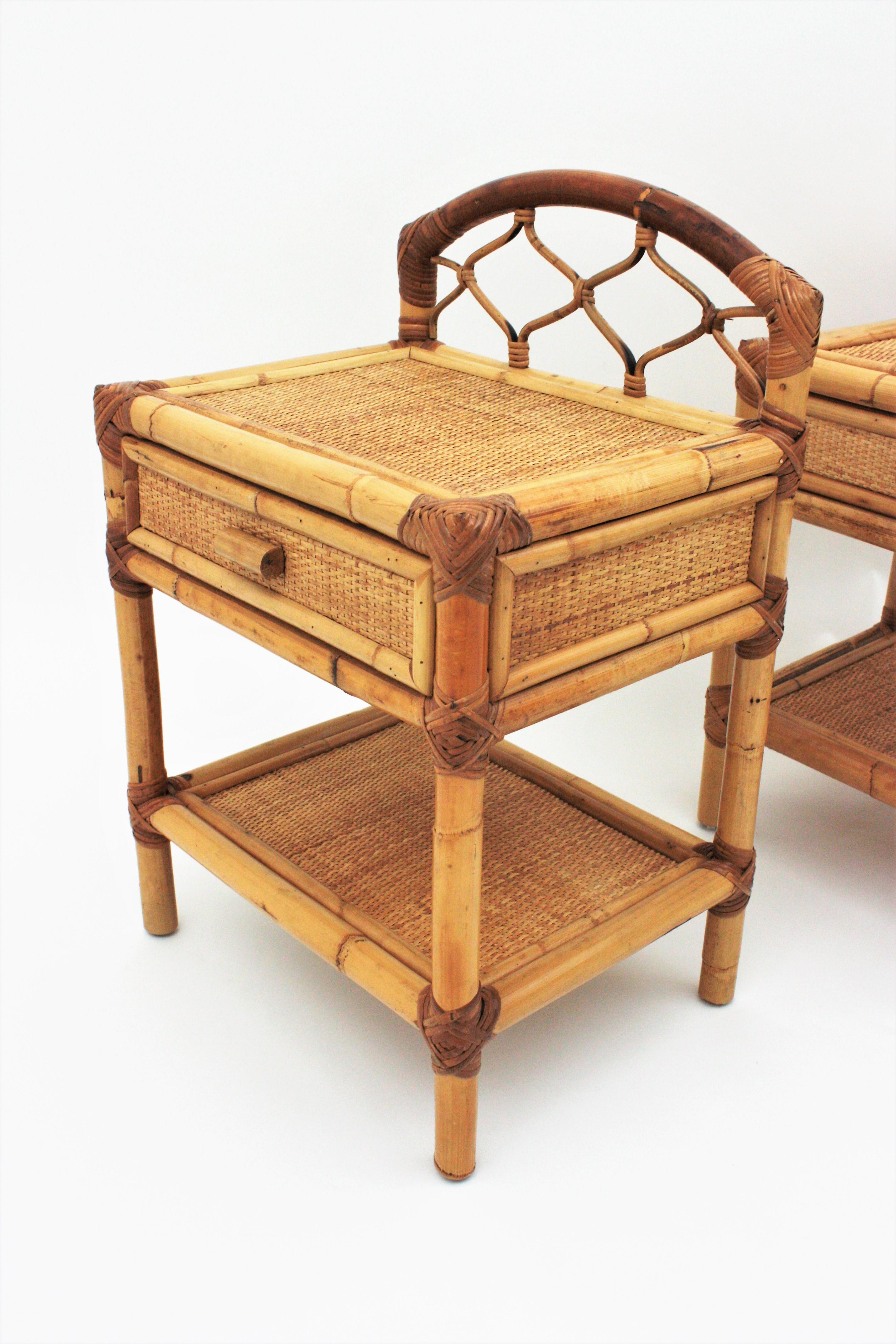 20th Century Pair of Bamboo and Woven Rattan Nightstands End Tables or Small Chests, 1970s