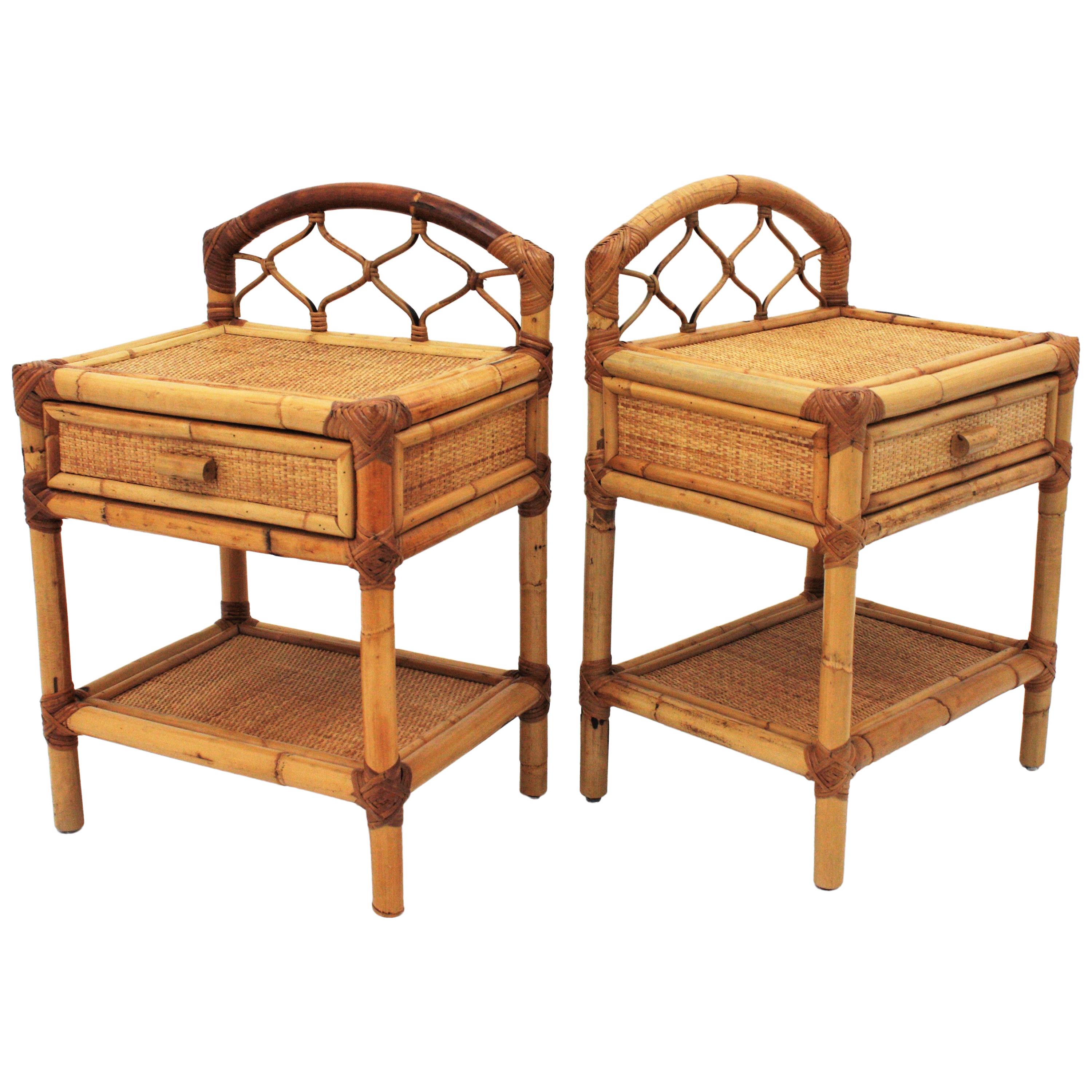 Pair of Bamboo and Woven Rattan Nightstands End Tables or Small Chests, 1970s