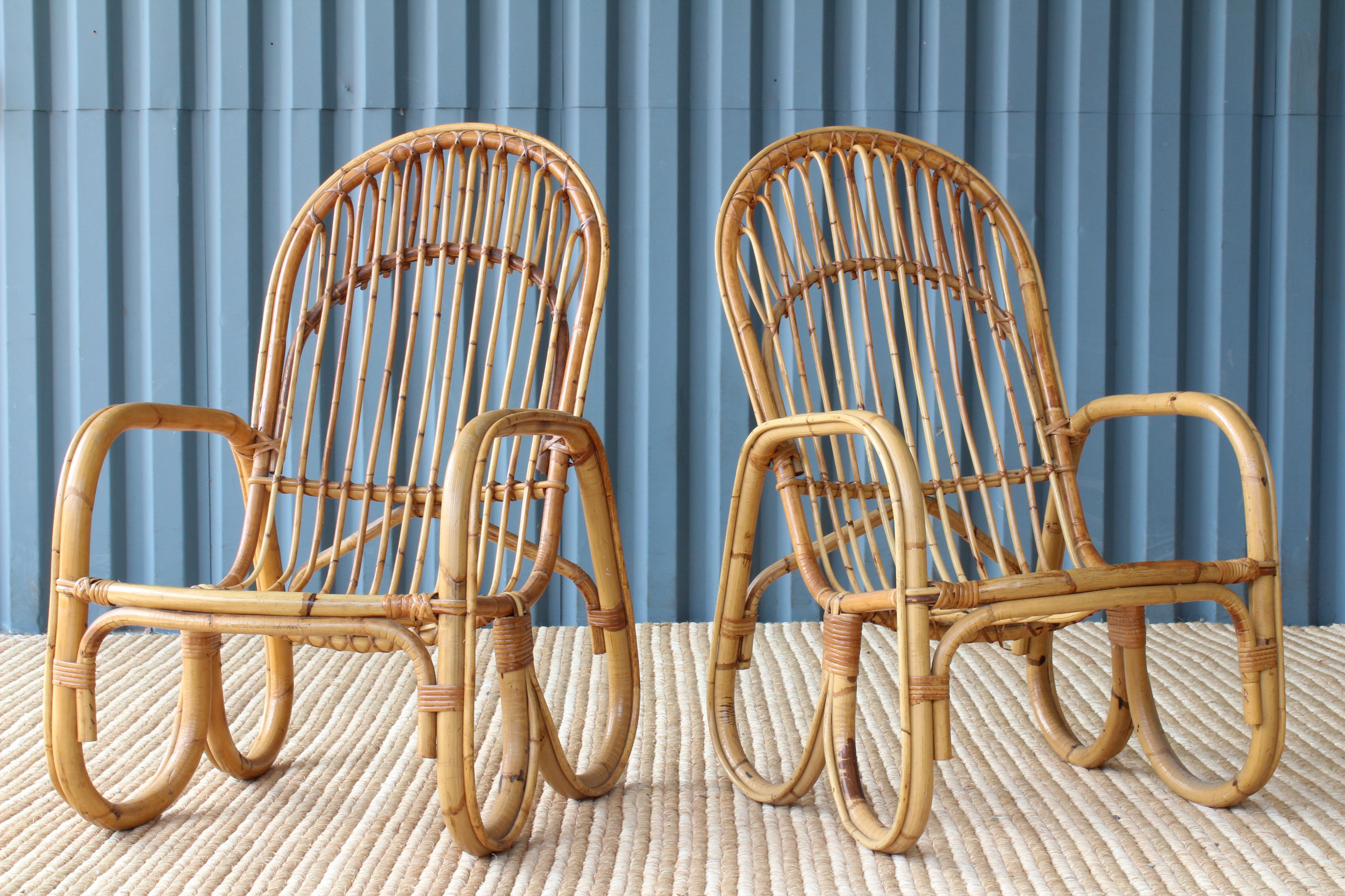 Pair of 1960s Italian bamboo armchairs in the manner of Franco Albini. Price is for the pair. 