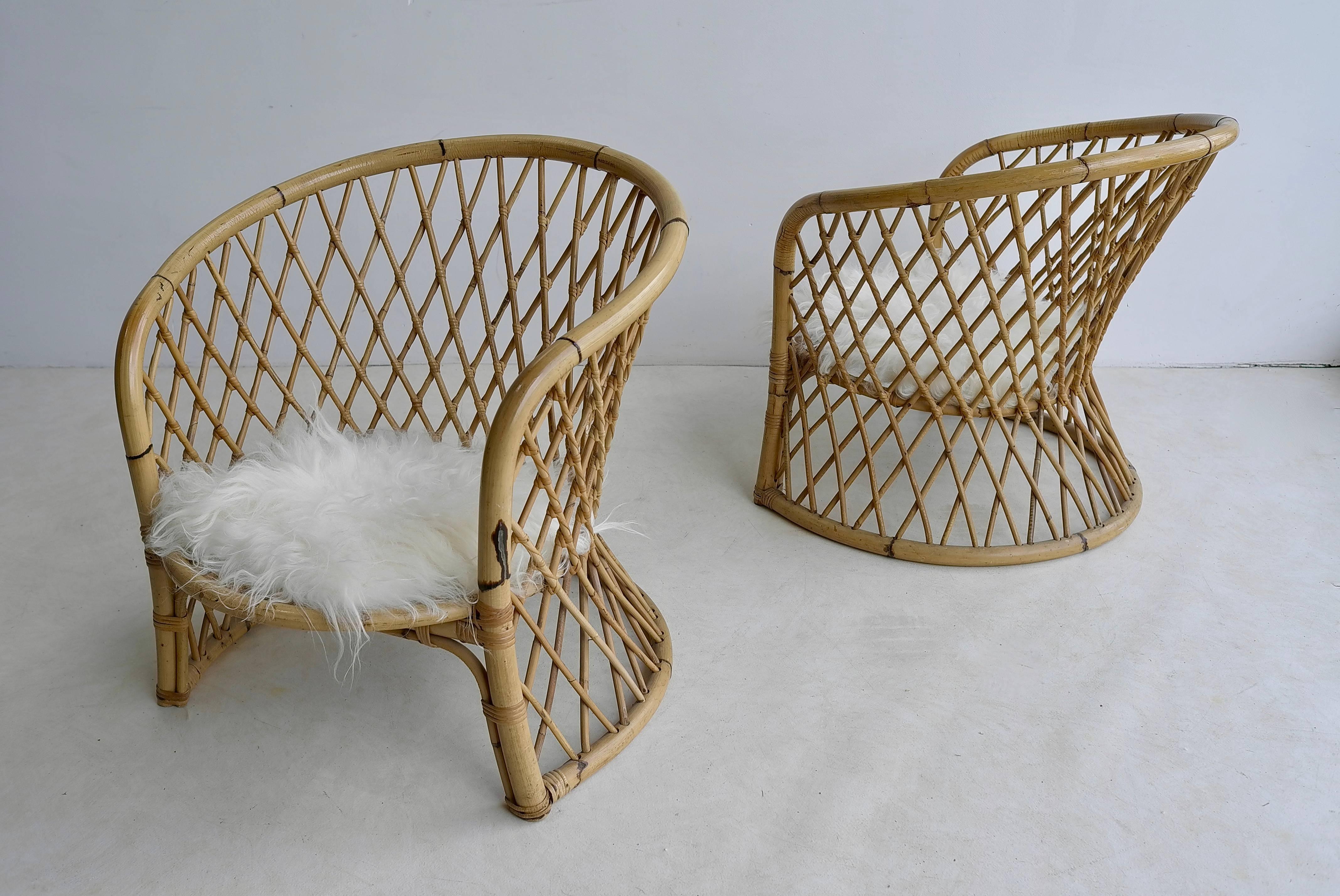 European Pair of Bamboo Armchairs with Woollen Seats, 1960s