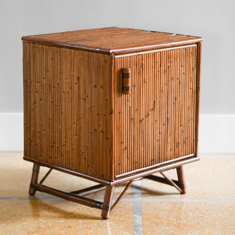 Pair of Bamboo Bedside Tables with Doors and Leather Bindings 'Set of 2