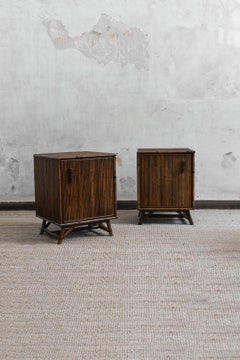 Pair of Bamboo Bedside Tables with Doors and Leather Bindings 'Set of 2'