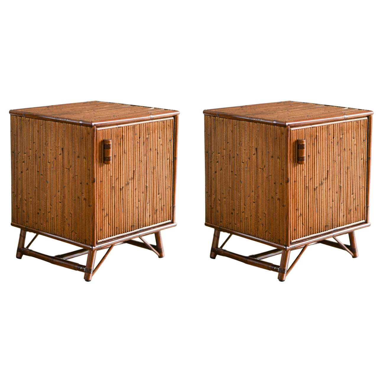 Pair of Bamboo Bedside Tables with Doors and Leather Bindings 'Set of 2' For Sale