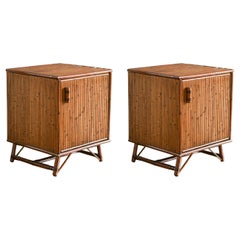 Pair of Bamboo Bedside Tables with Doors and Leather Bindings 'Set of 2'