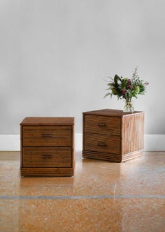 Pair of Bamboo Bedside Tables with Leather Bindings 'Set of 2'