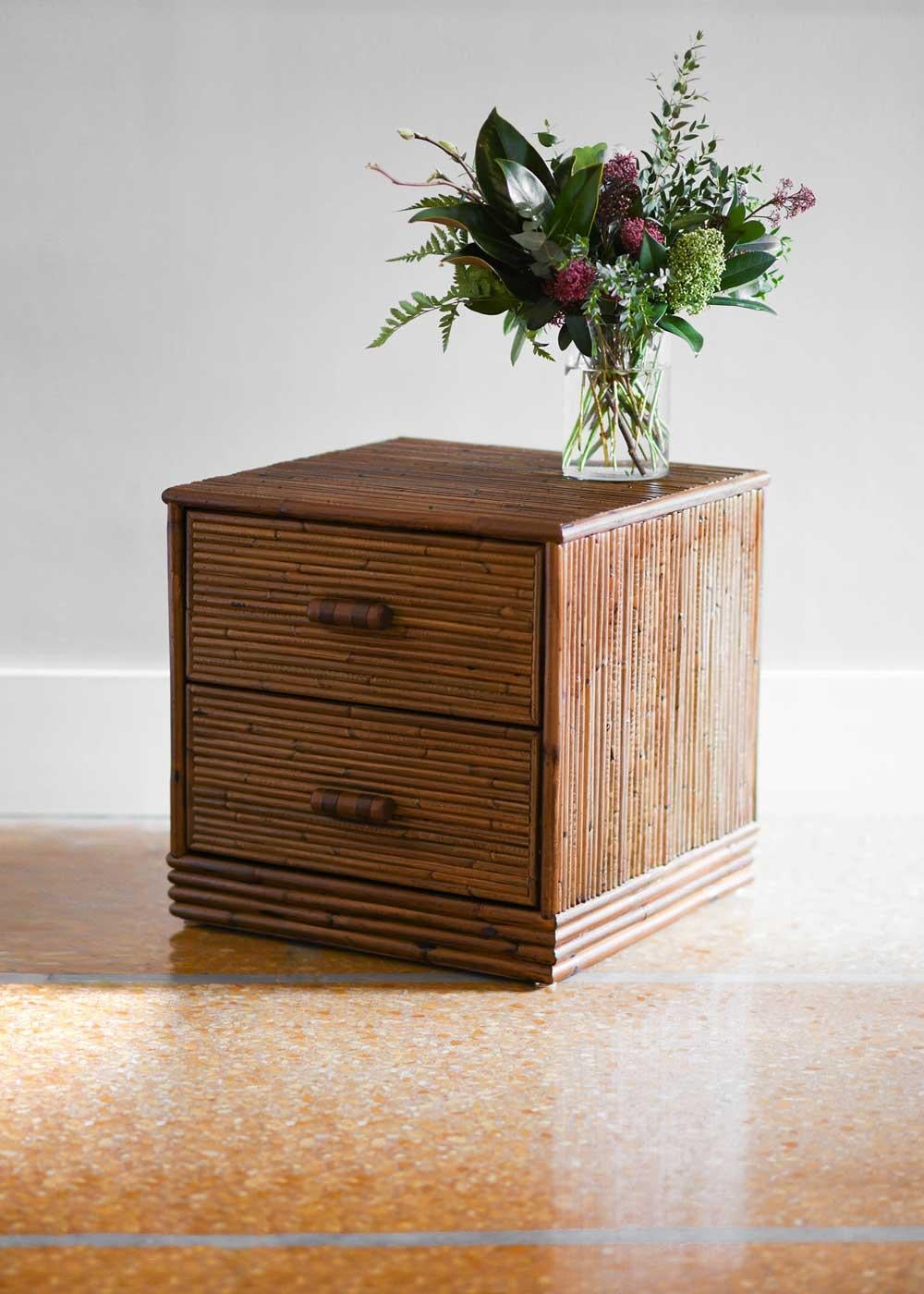Italian Pair of Bamboo Bedside Tables with Leather Bindings 'Set of 2'