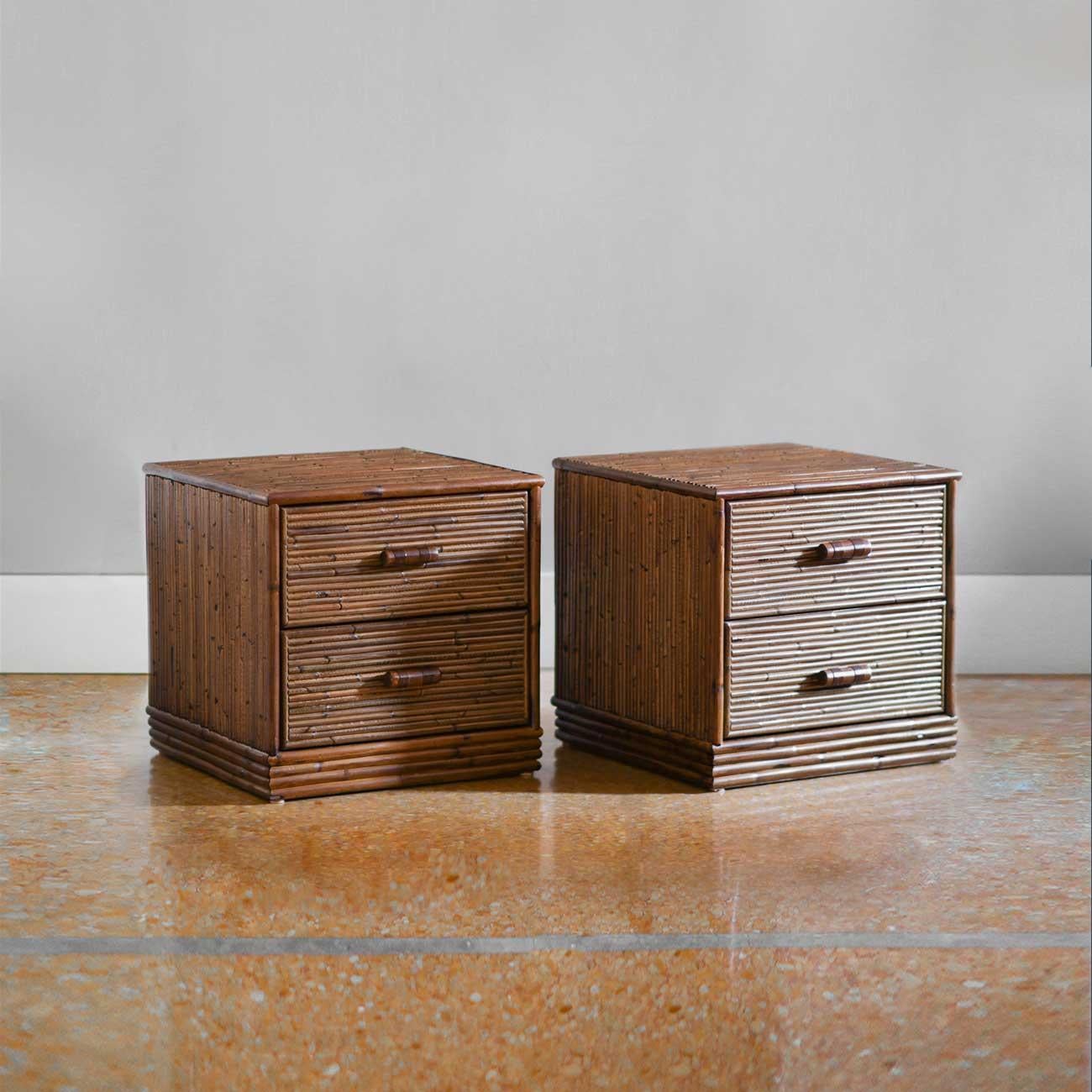 Pair of Bamboo Bedside Tables with Leather Bindings 'Set of 2' 1