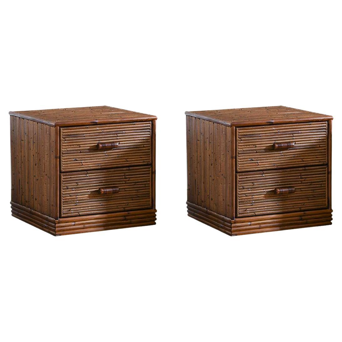 Pair of Bamboo Bedside Tables with Leather Bindings 'Set of 2'