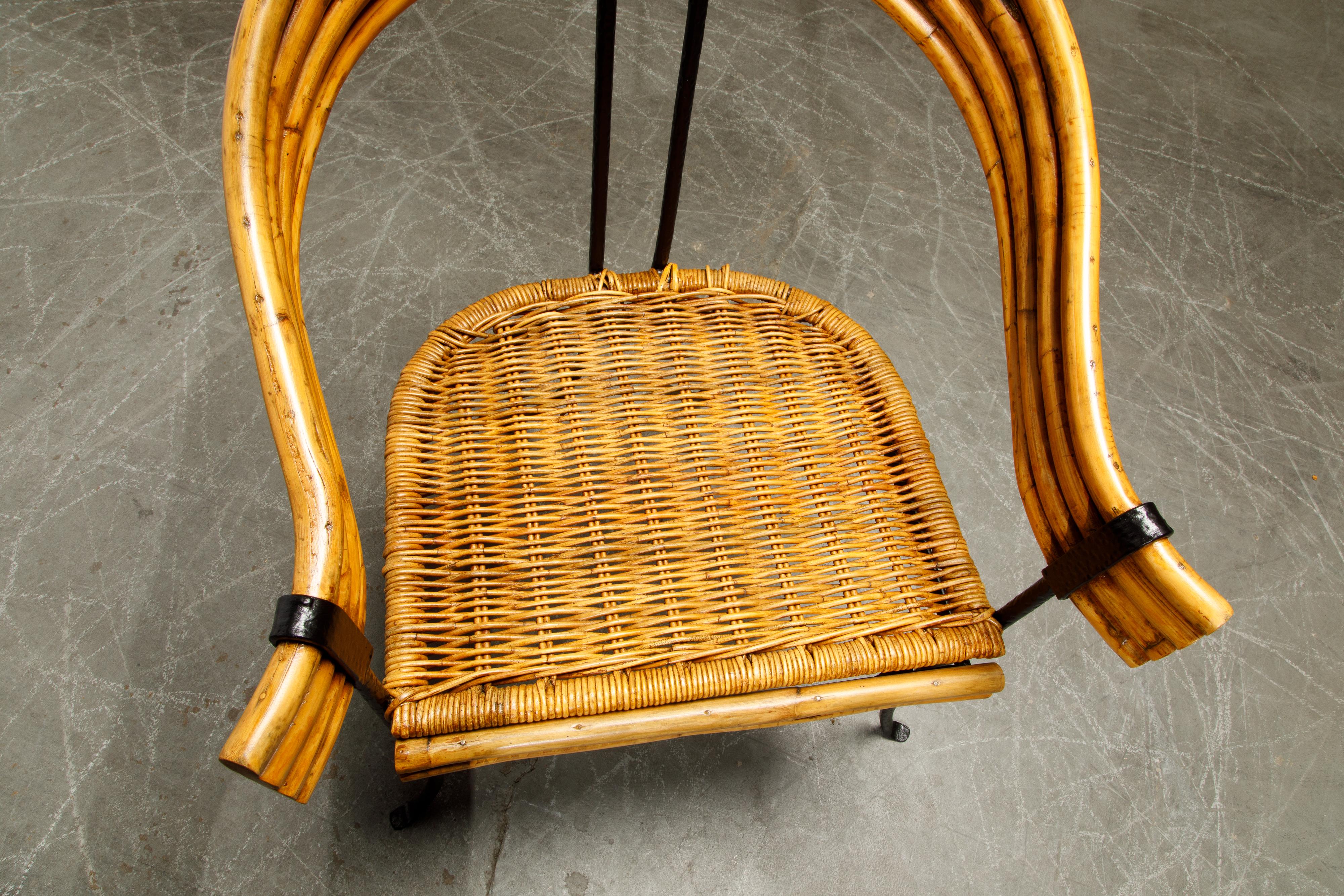 Pair of Bamboo, Black Iron and Rattan French Modernist Armchairs, circa 1940s 11