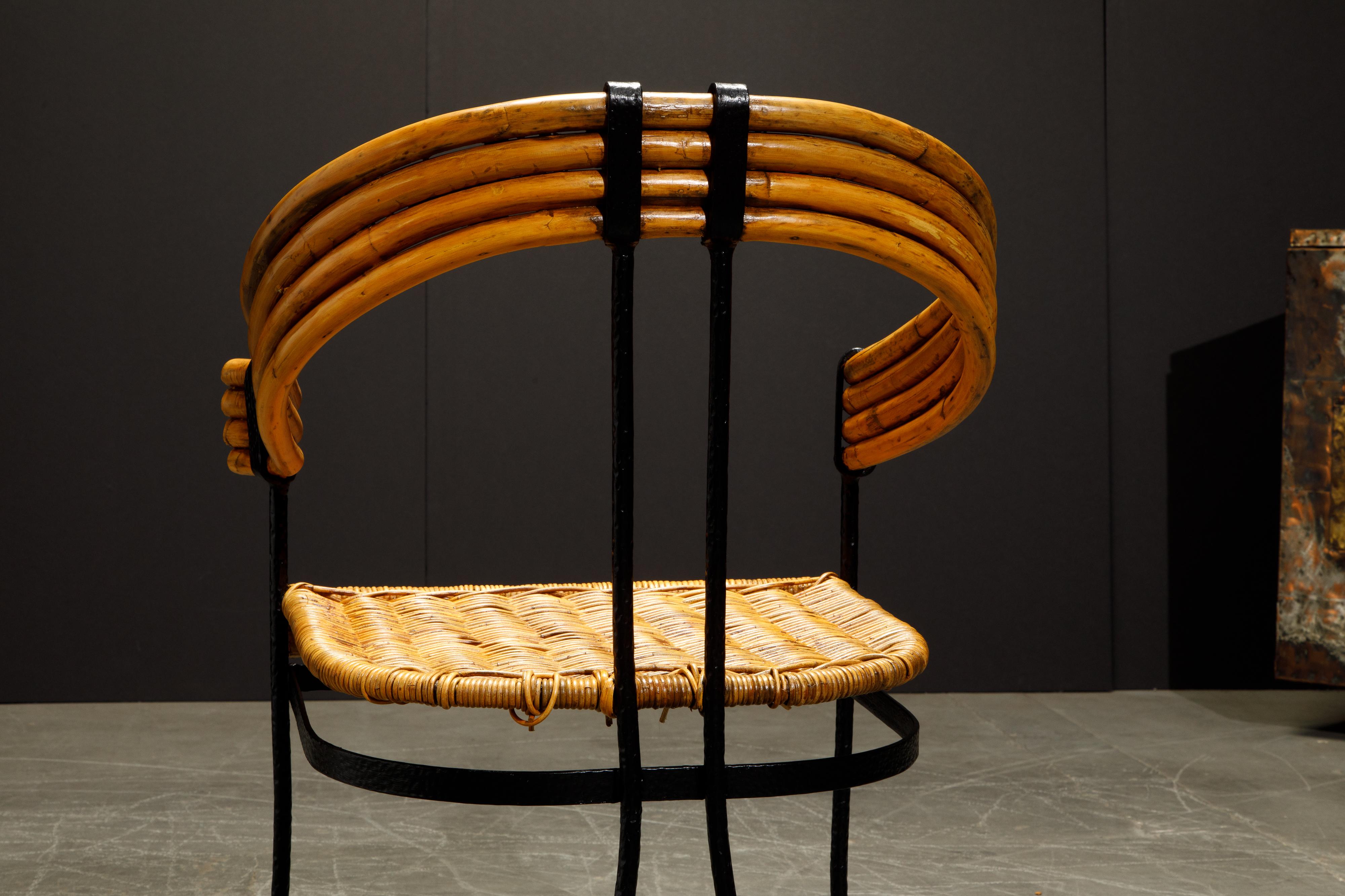 Pair of Bamboo, Black Iron and Rattan French Modernist Armchairs, circa 1940s 12
