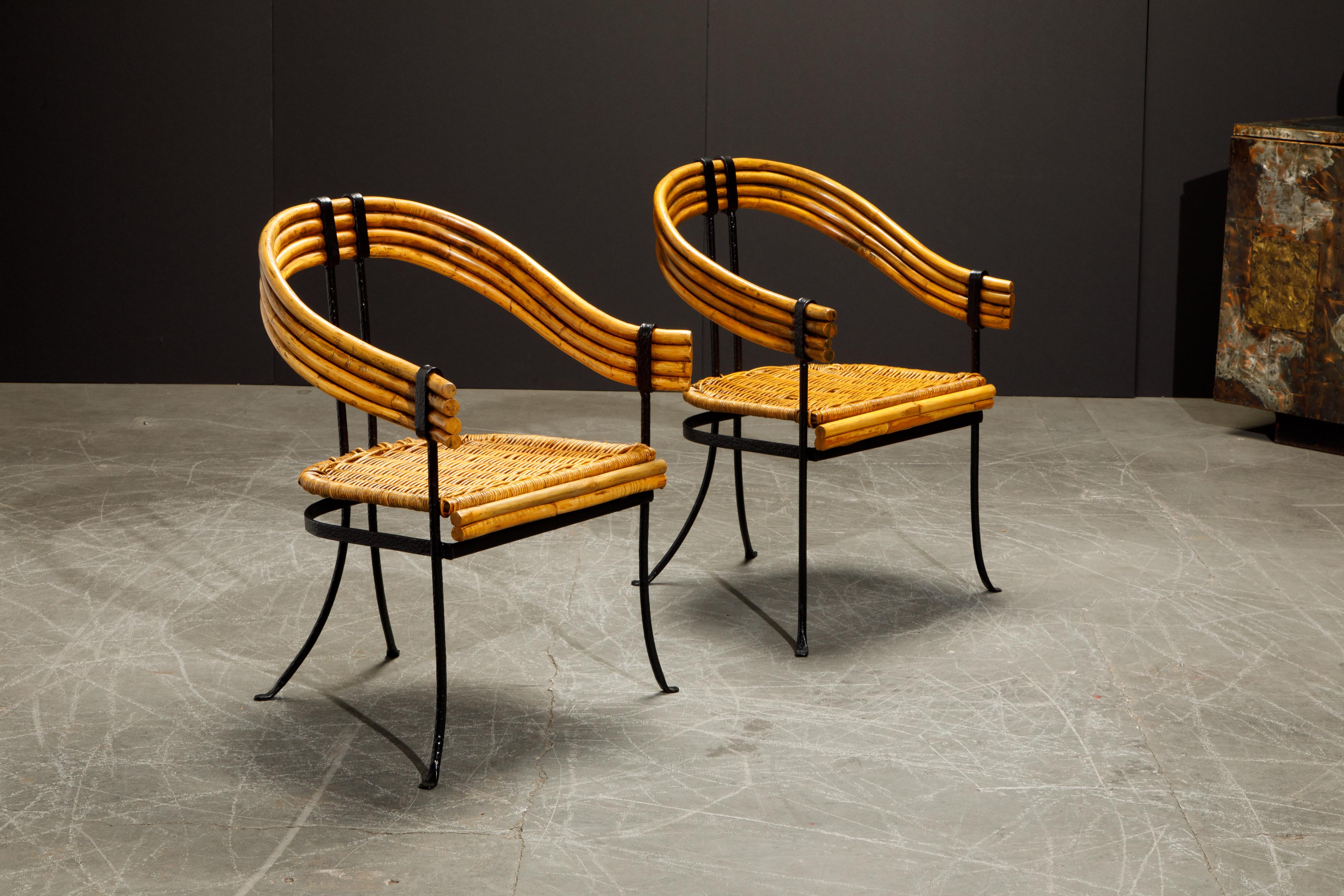 Mid-20th Century Pair of Bamboo, Black Iron and Rattan French Modernist Armchairs, circa 1940s