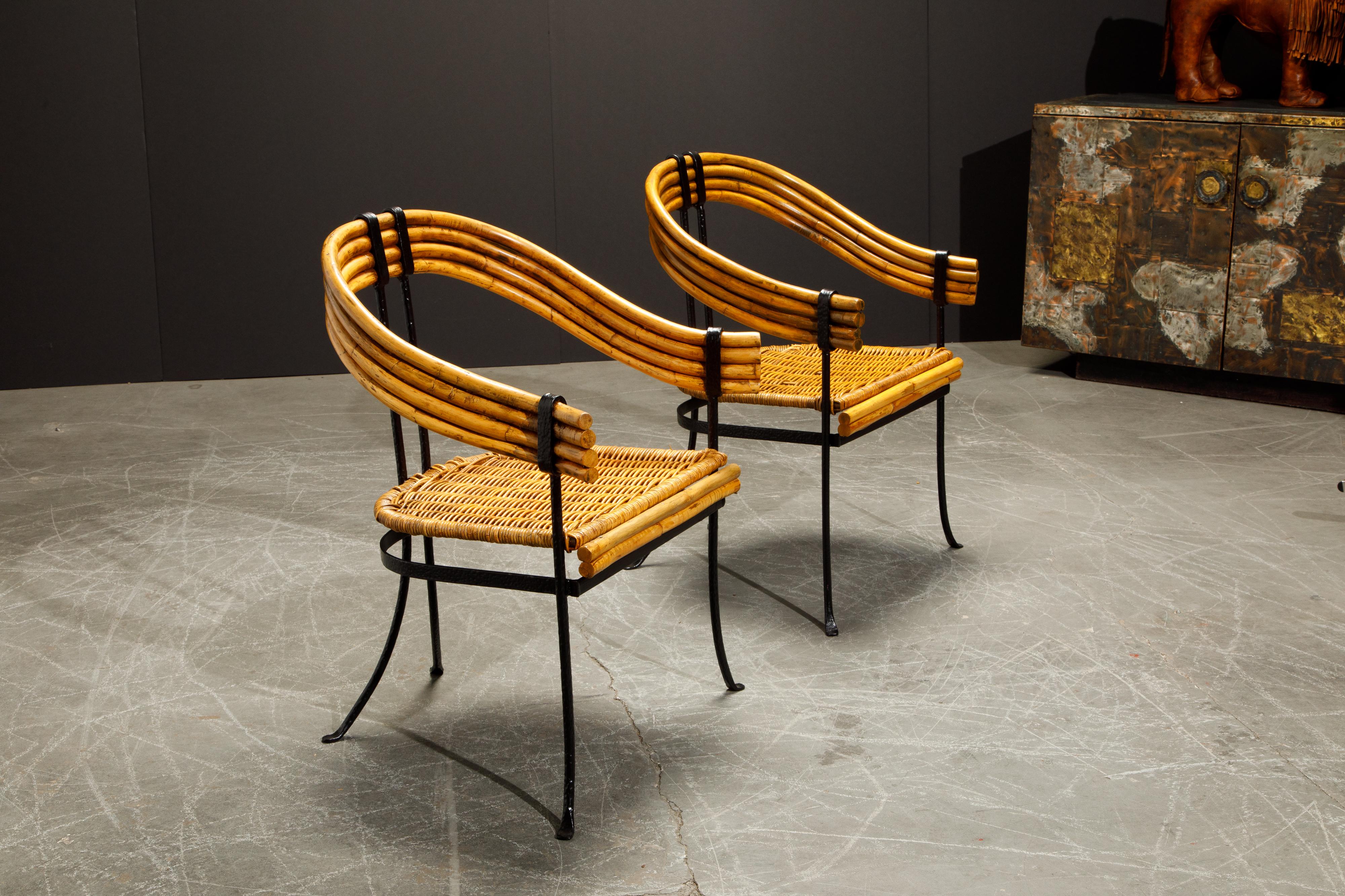 Pair of Bamboo, Black Iron and Rattan French Modernist Armchairs, circa 1940s 1