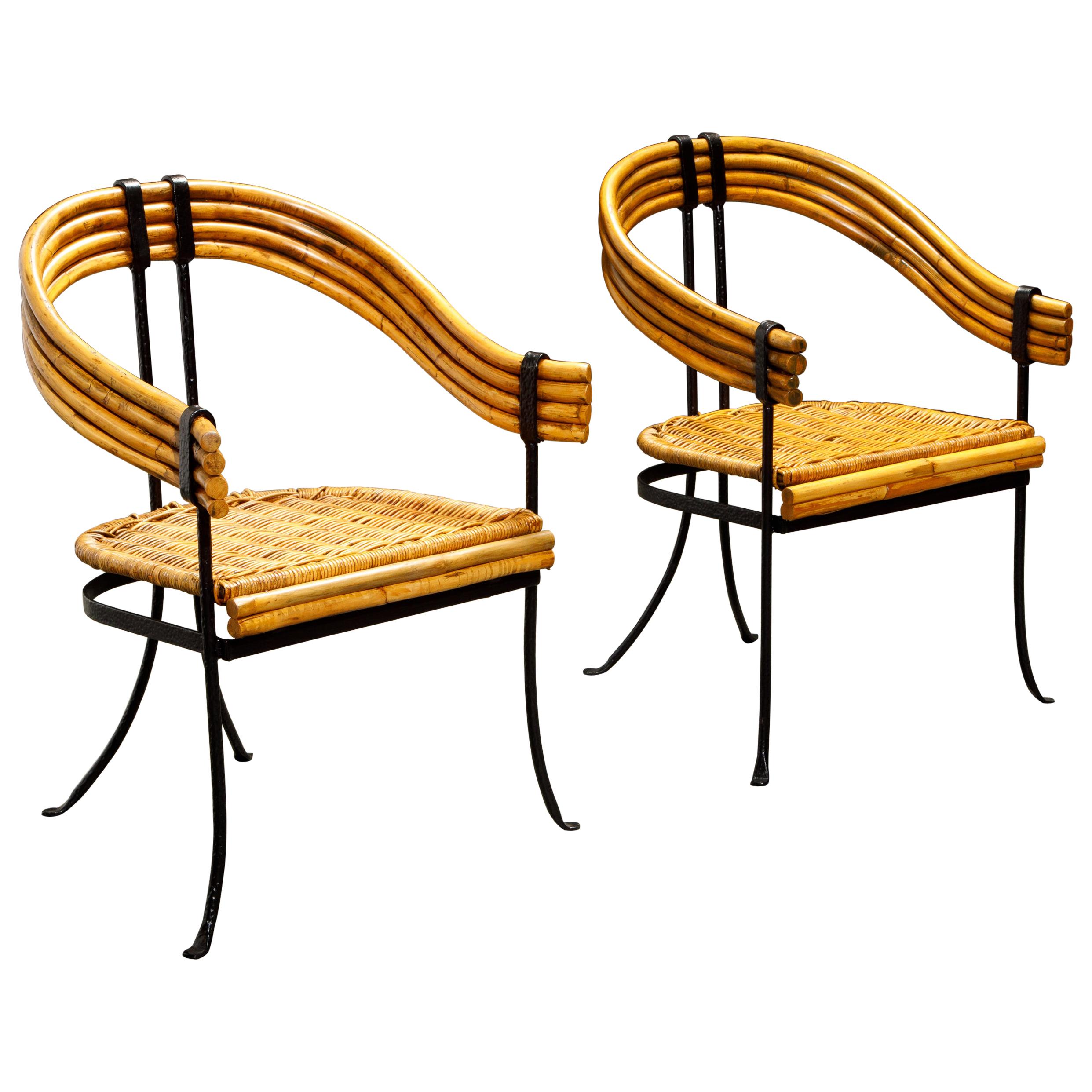 Pair of Bamboo, Black Iron and Rattan French Modernist Armchairs, circa 1940s