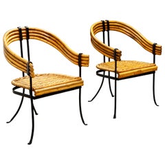 Pair of Bamboo, Black Iron and Rattan French Modernist Armchairs, circa 1940s