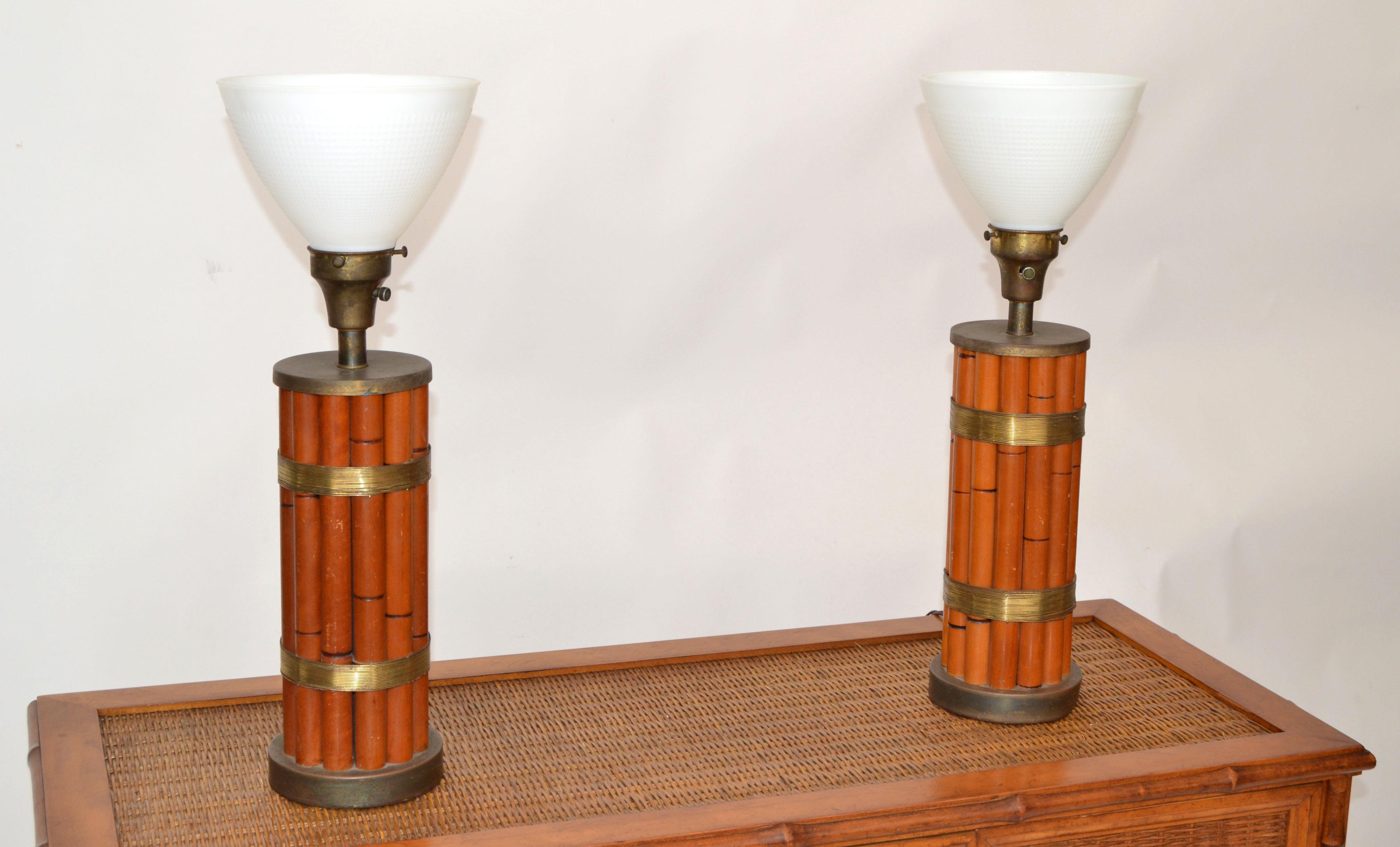 Pair of Bamboo & Brass Handmade Russel Wright Table Lamps Milk Glass Globe For Sale 4