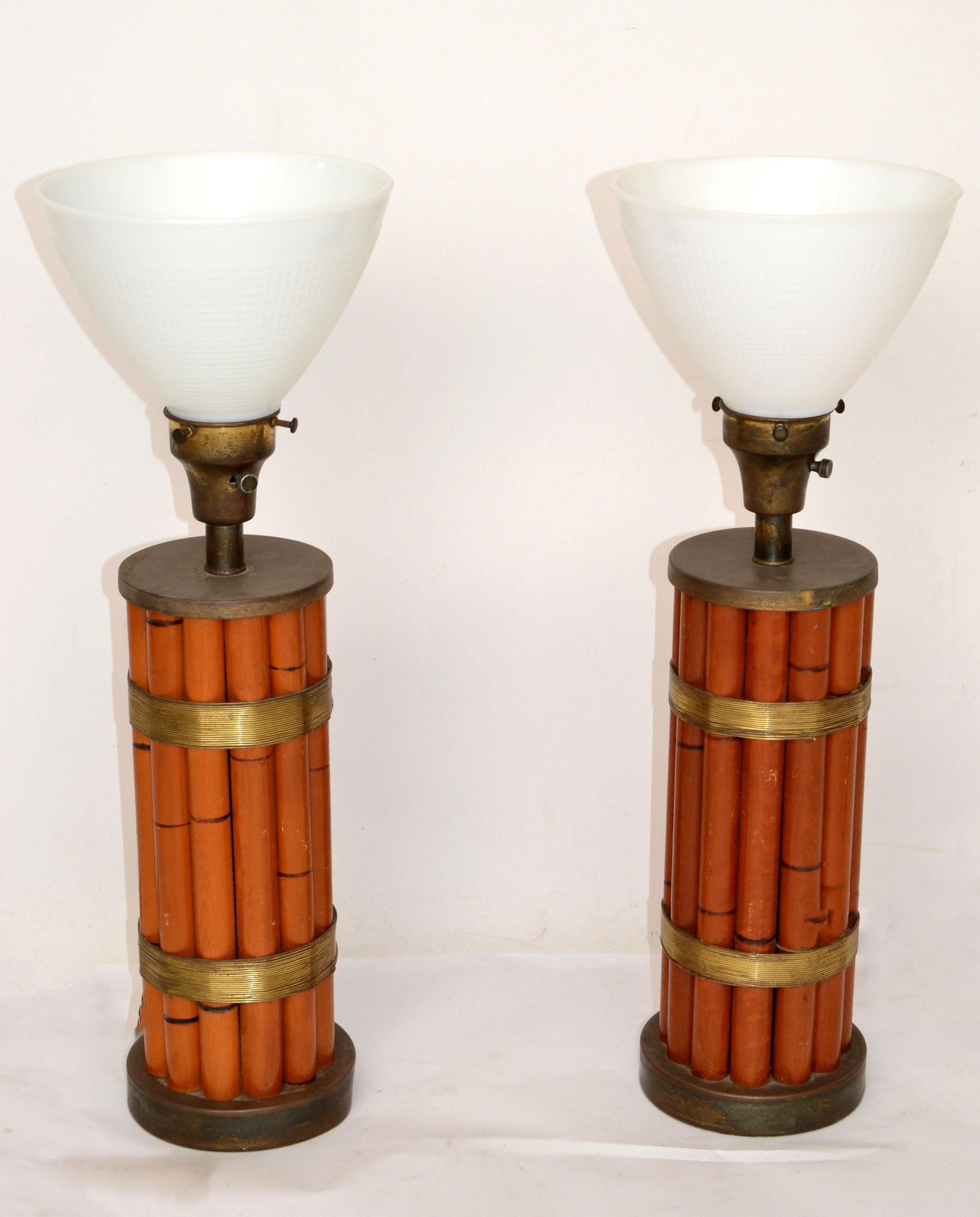 Pair of Bamboo & Brass Handmade Russel Wright Table Lamps Milk Glass Globe For Sale 5