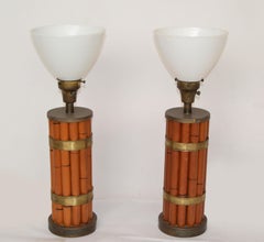 Pair of Bamboo & Brass Handmade Russel Wright Table Lamps Milk Glass Globe