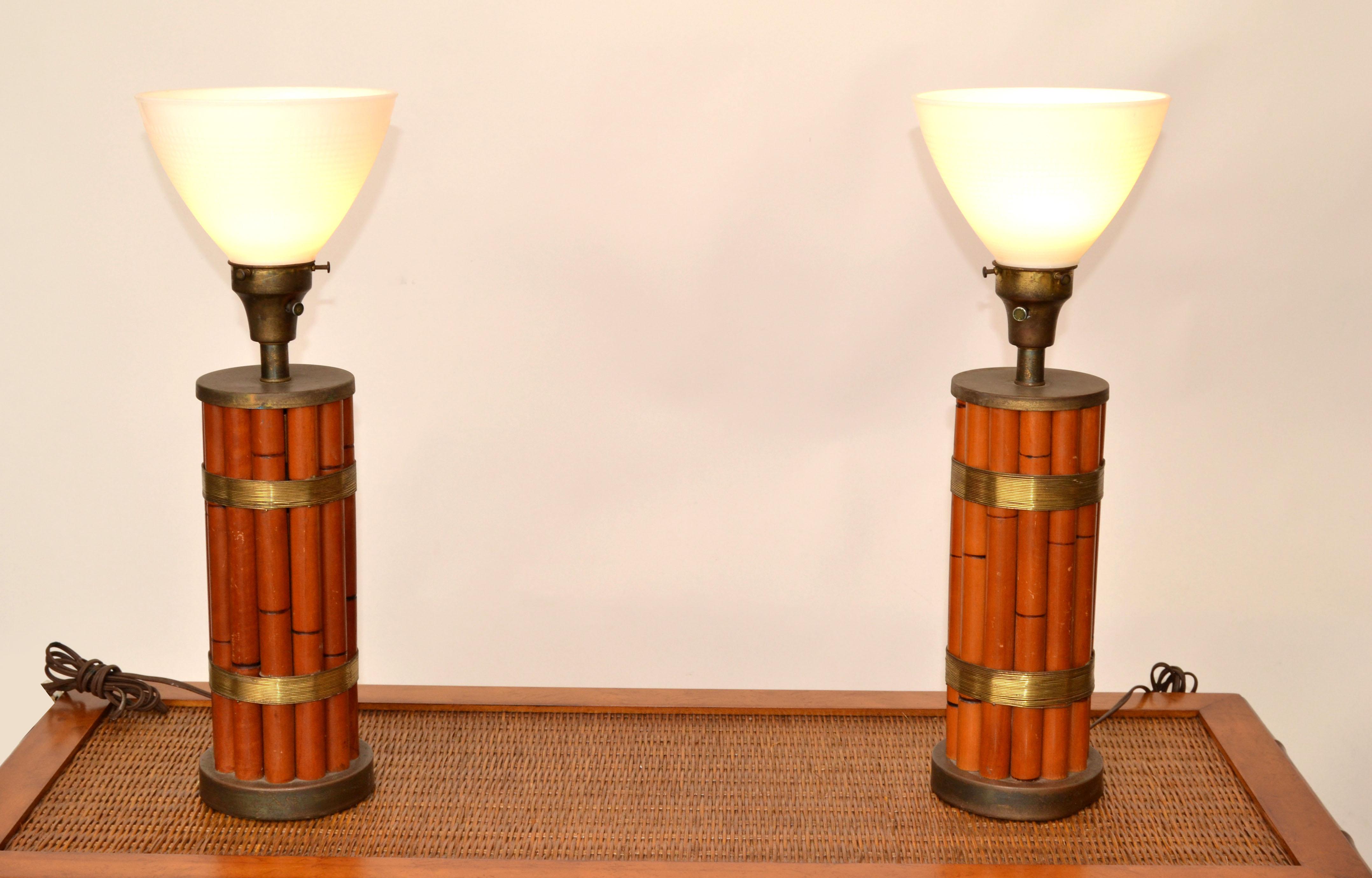 Mid-Century Modern Pair of Bamboo & Brass Handmade Russel Wright Table Lamps Milk Glass Globe For Sale