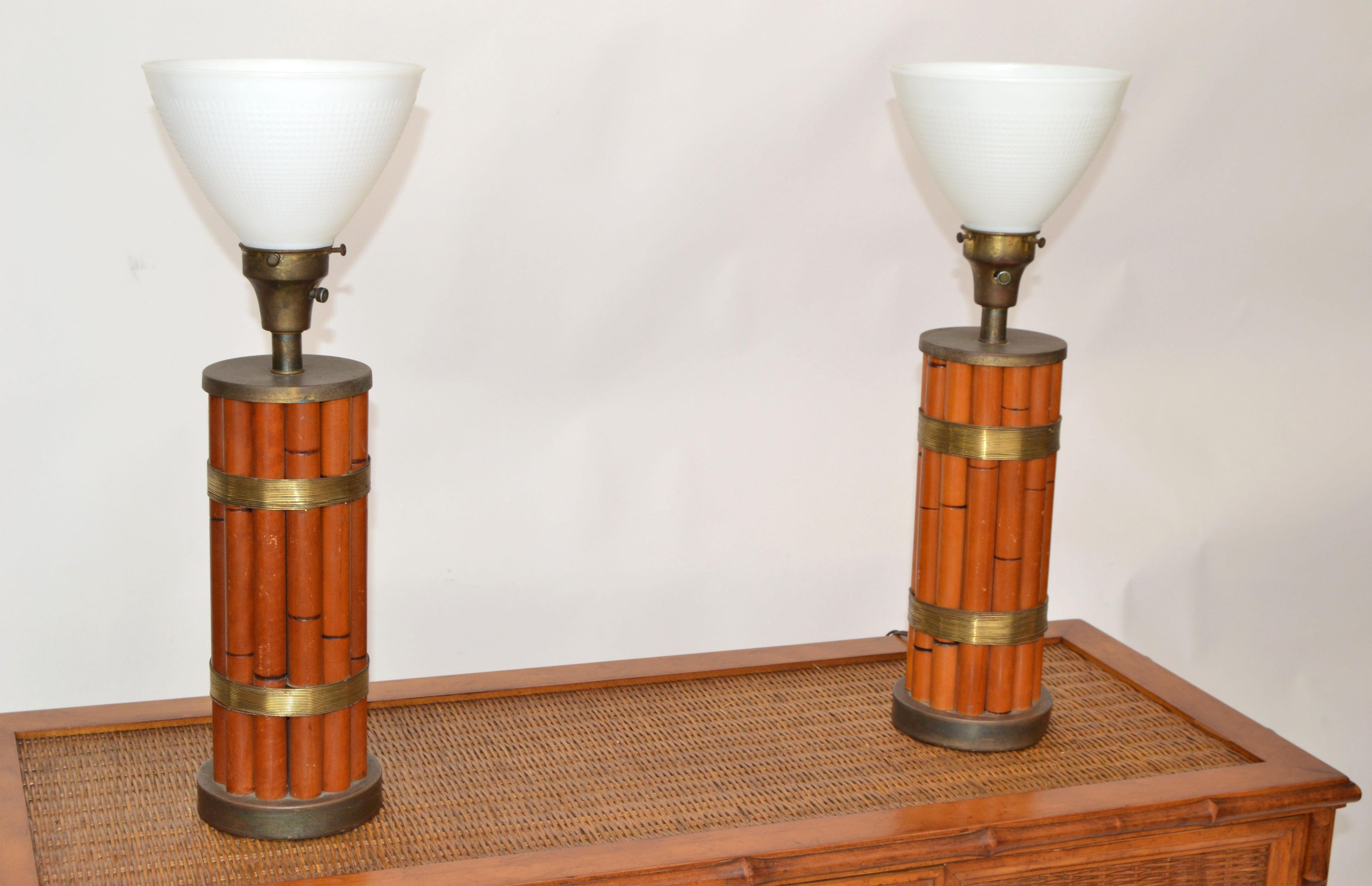 American Pair of Bamboo & Brass Handmade Russel Wright Table Lamps Milk Glass Globe For Sale