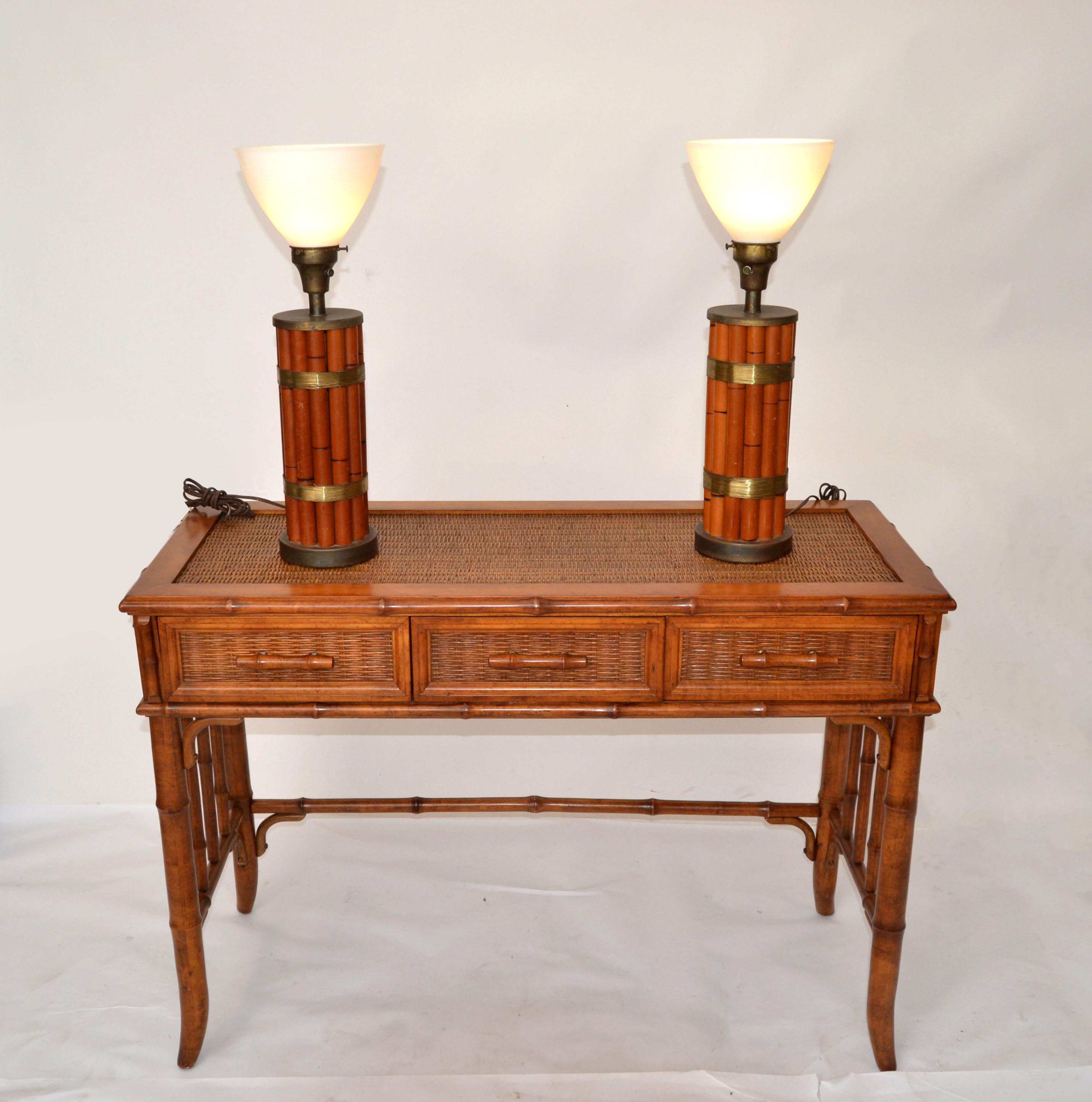 Hand-Crafted Pair of Bamboo & Brass Handmade Russel Wright Table Lamps Milk Glass Globe For Sale