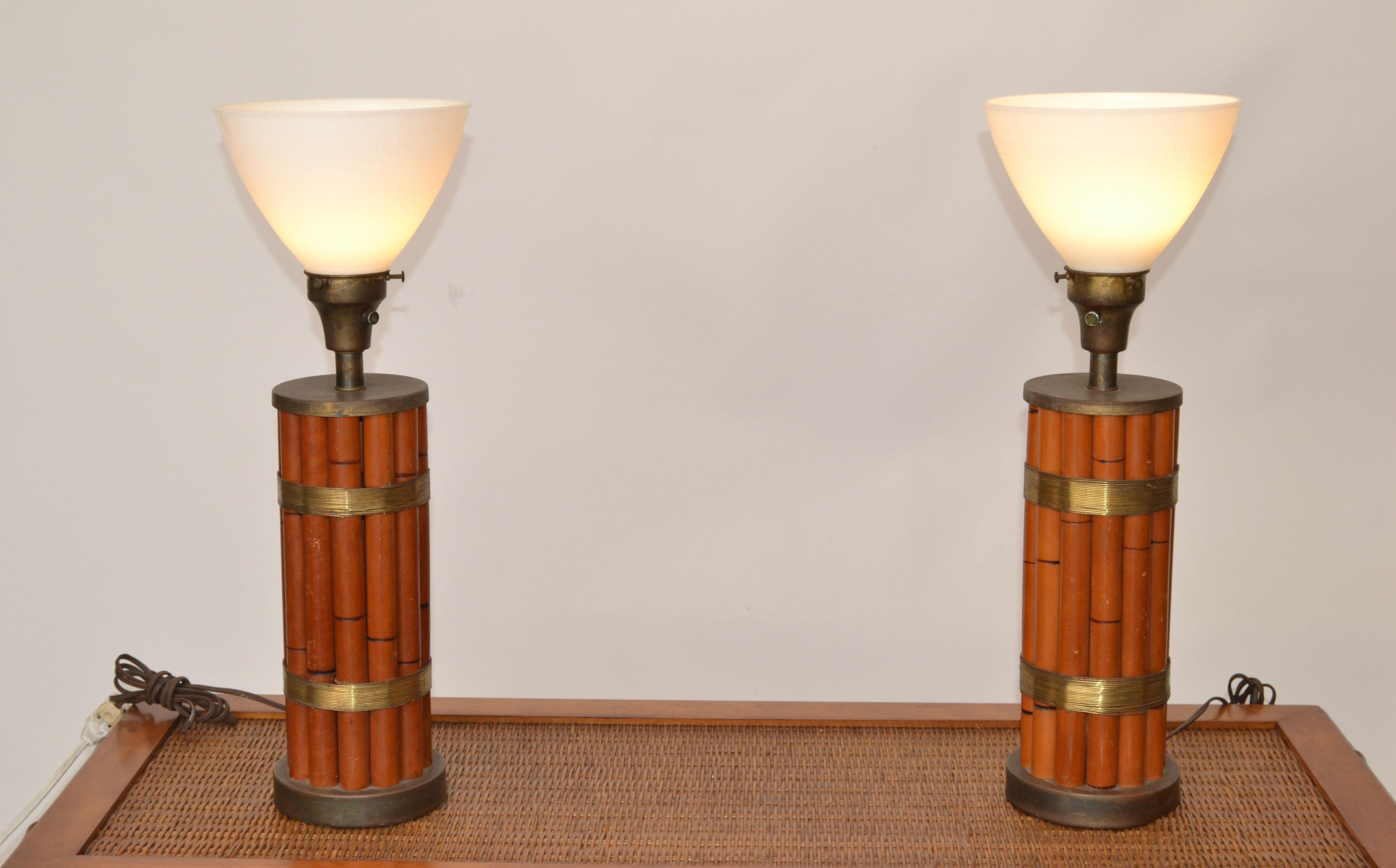 Pair of Bamboo & Brass Handmade Russel Wright Table Lamps Milk Glass Globe In Good Condition For Sale In Miami, FL