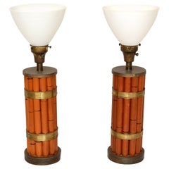 Pair of Bamboo & Brass Handmade Russel Wright Table Lamps Milk Glass Globe