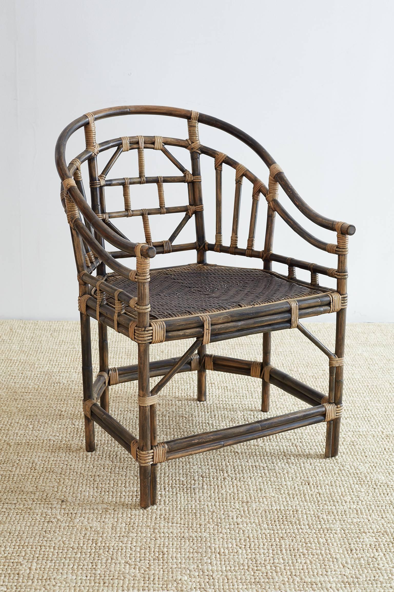 Hollywood Regency Pair of Bamboo Brighton Pavilion Style Barrel Chairs
