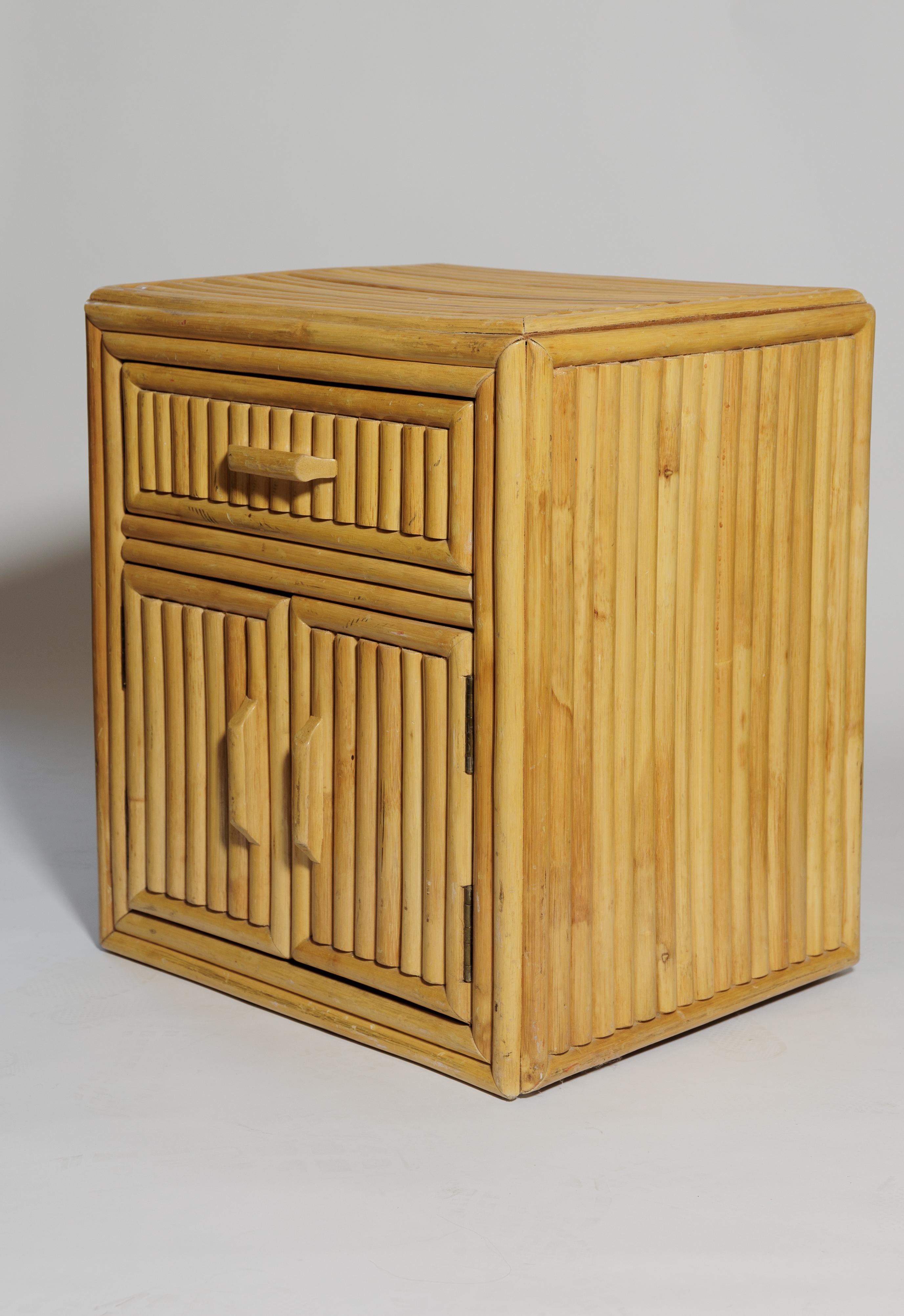 Italian Pair of Bamboo Cabinets with Drawer and Doors For Sale