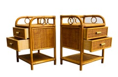 Pair of Bamboo Cane and Rattan Italian Bedside Tables, 1970s