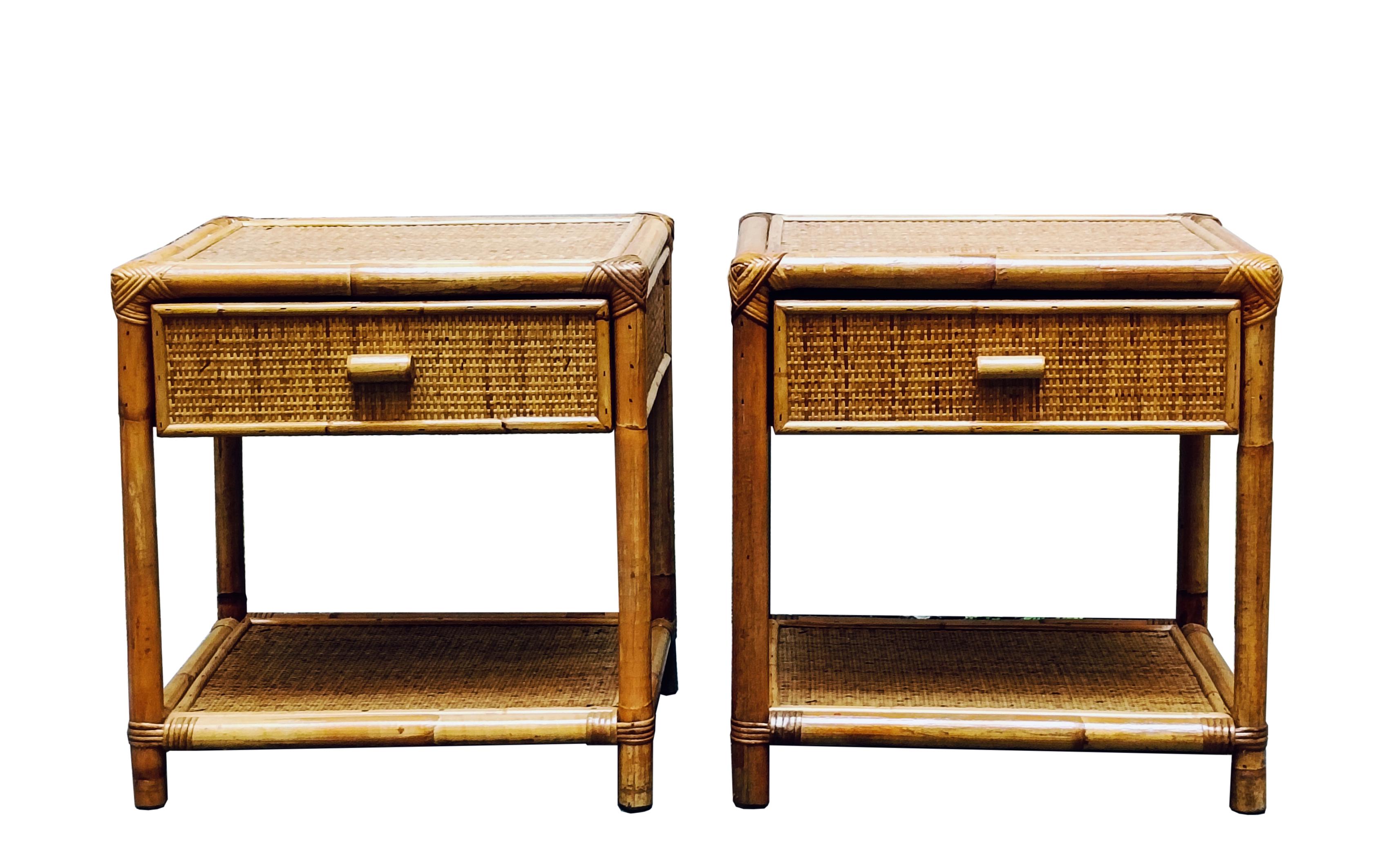 Pair of Italian bamboo cane and rattan bedside tables designed in the 1970s. The main features of this wonderful set are the beautiful straight rationalist lines, enhanced by the use of natural materials, such as bamboo for the frame, rattan for the