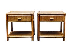 Pair of Bamboo Cane and Rattan Italian Bedside Tables, 1970s