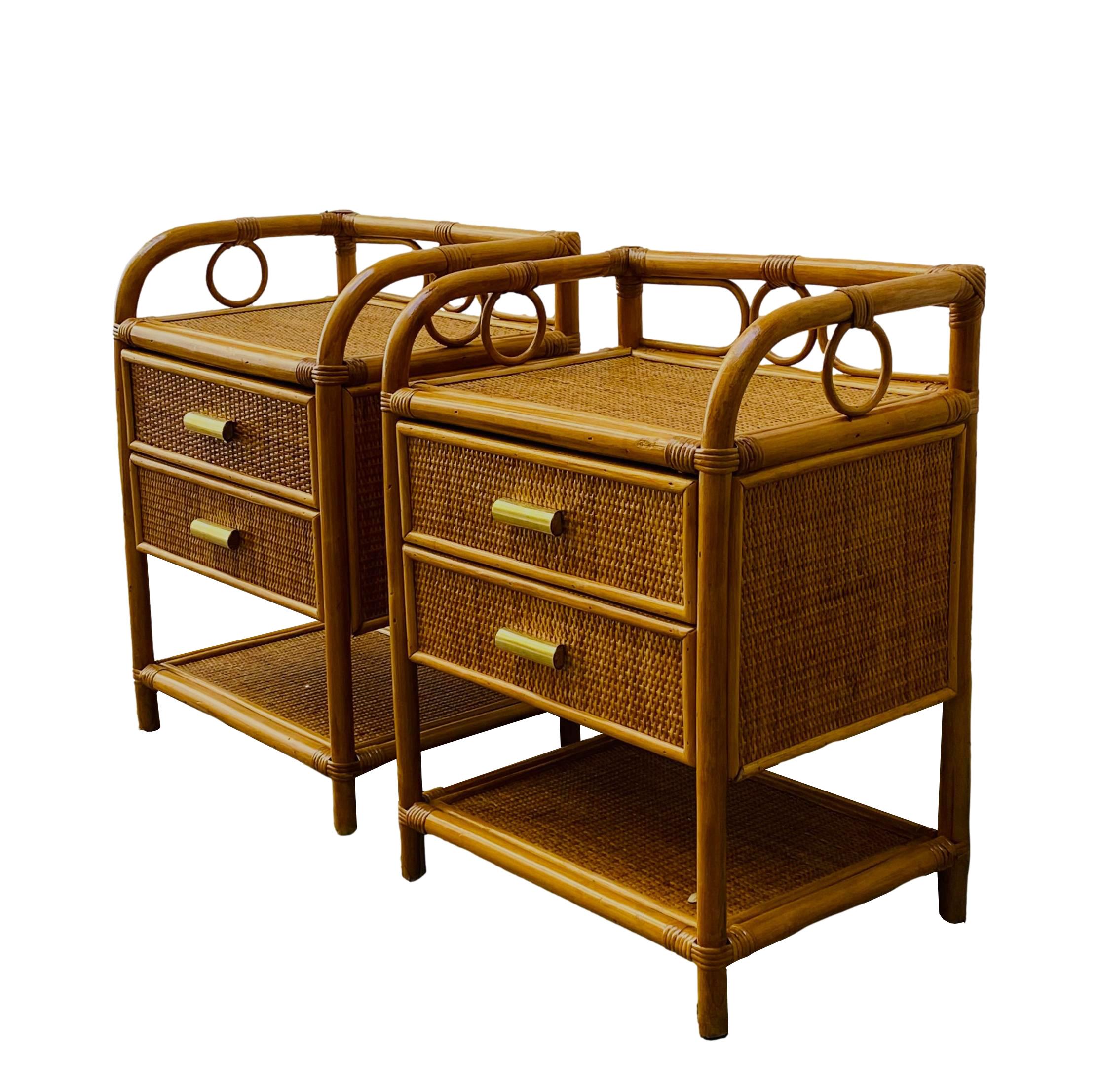 Mid-Century Modern Pair of Bamboo Cane and Rattan Italian Bedside Tables, 1970s
