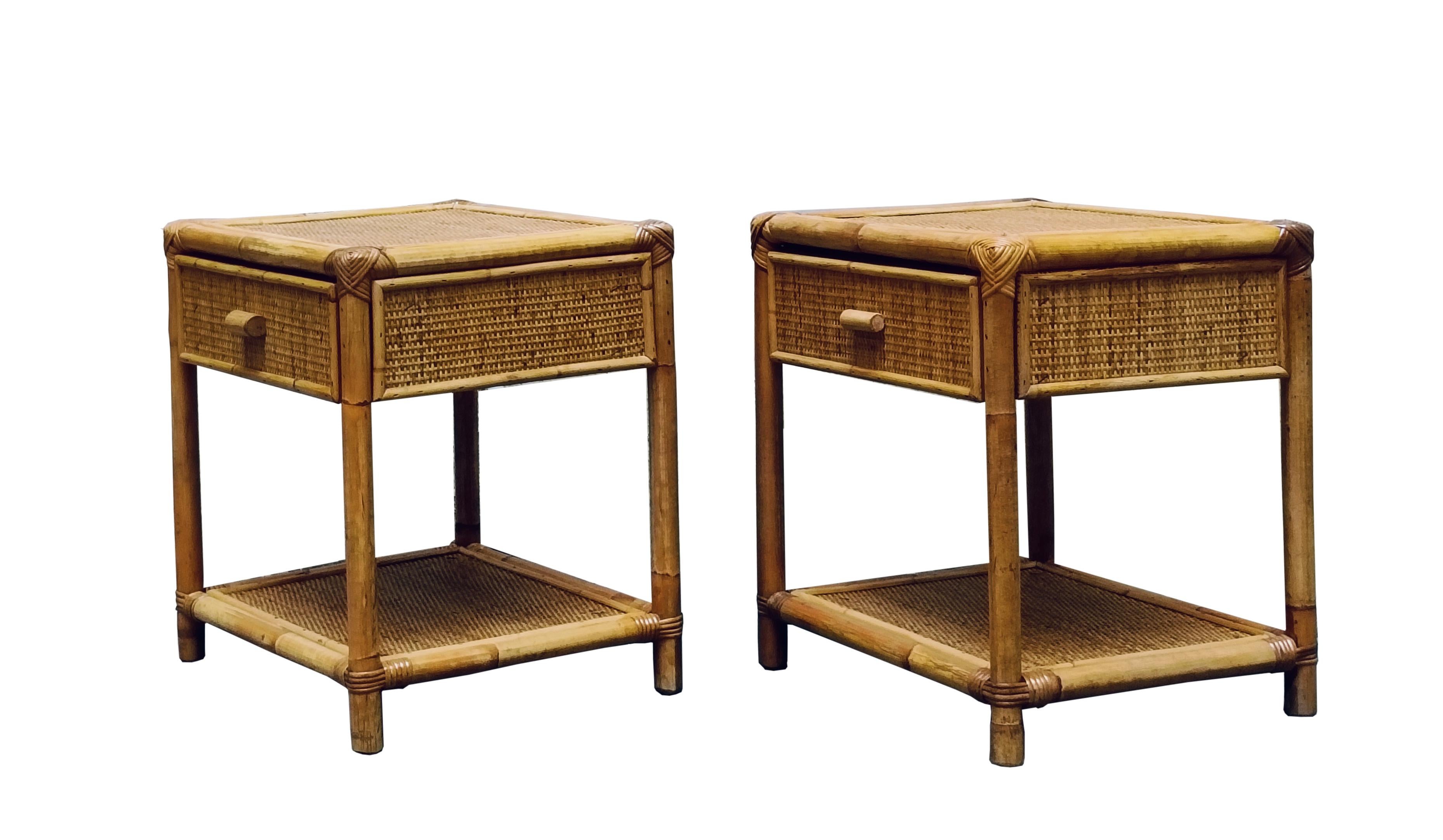 Mid-Century Modern Pair of Bamboo Cane and Rattan Italian Bedside Tables, 1970s