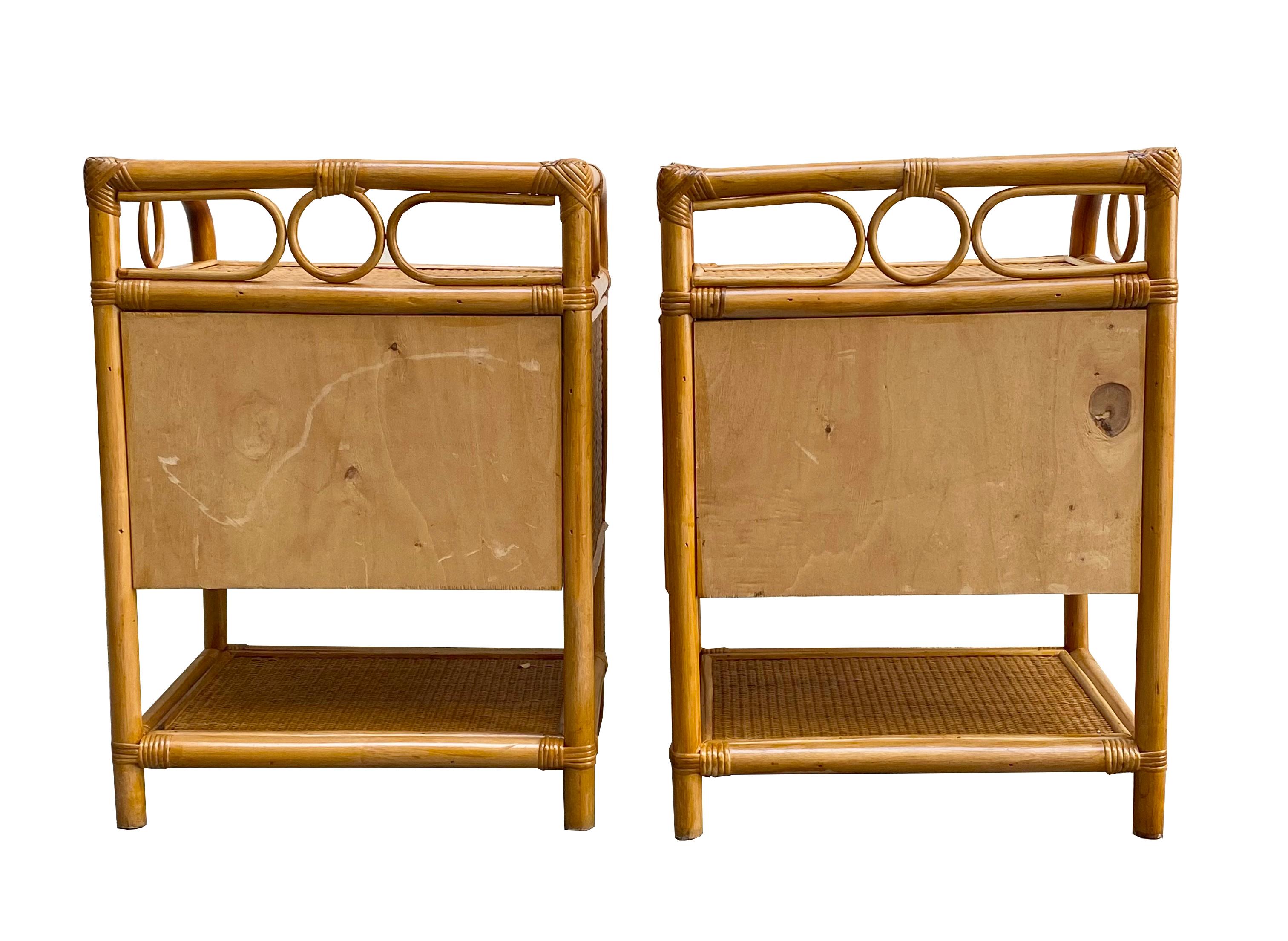 Pair of Bamboo Cane and Rattan Italian Bedside Tables, 1970s In Good Condition In Naples, IT
