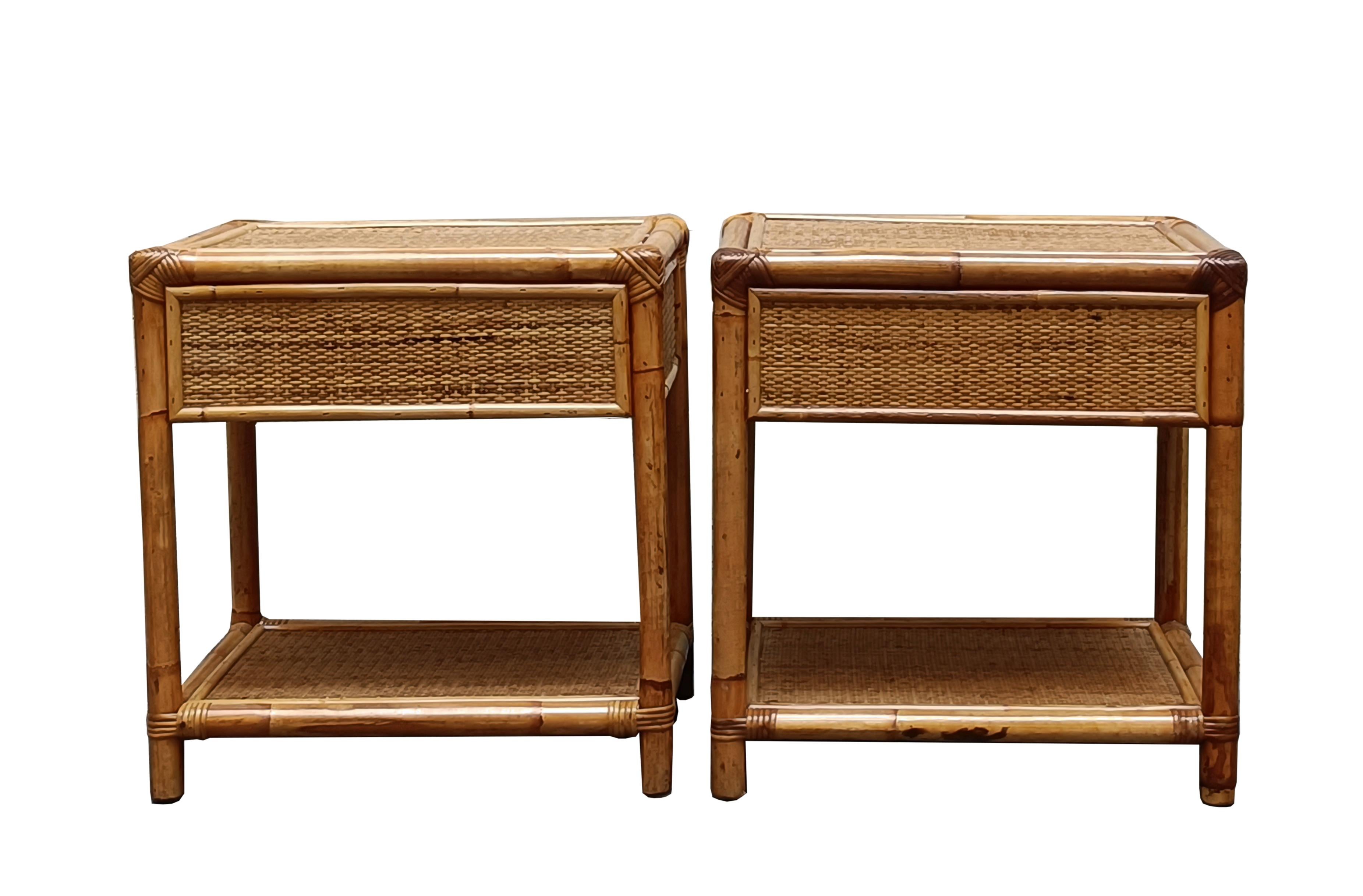 Pair of Bamboo Cane and Rattan Italian Bedside Tables, 1970s In Good Condition In Naples, IT