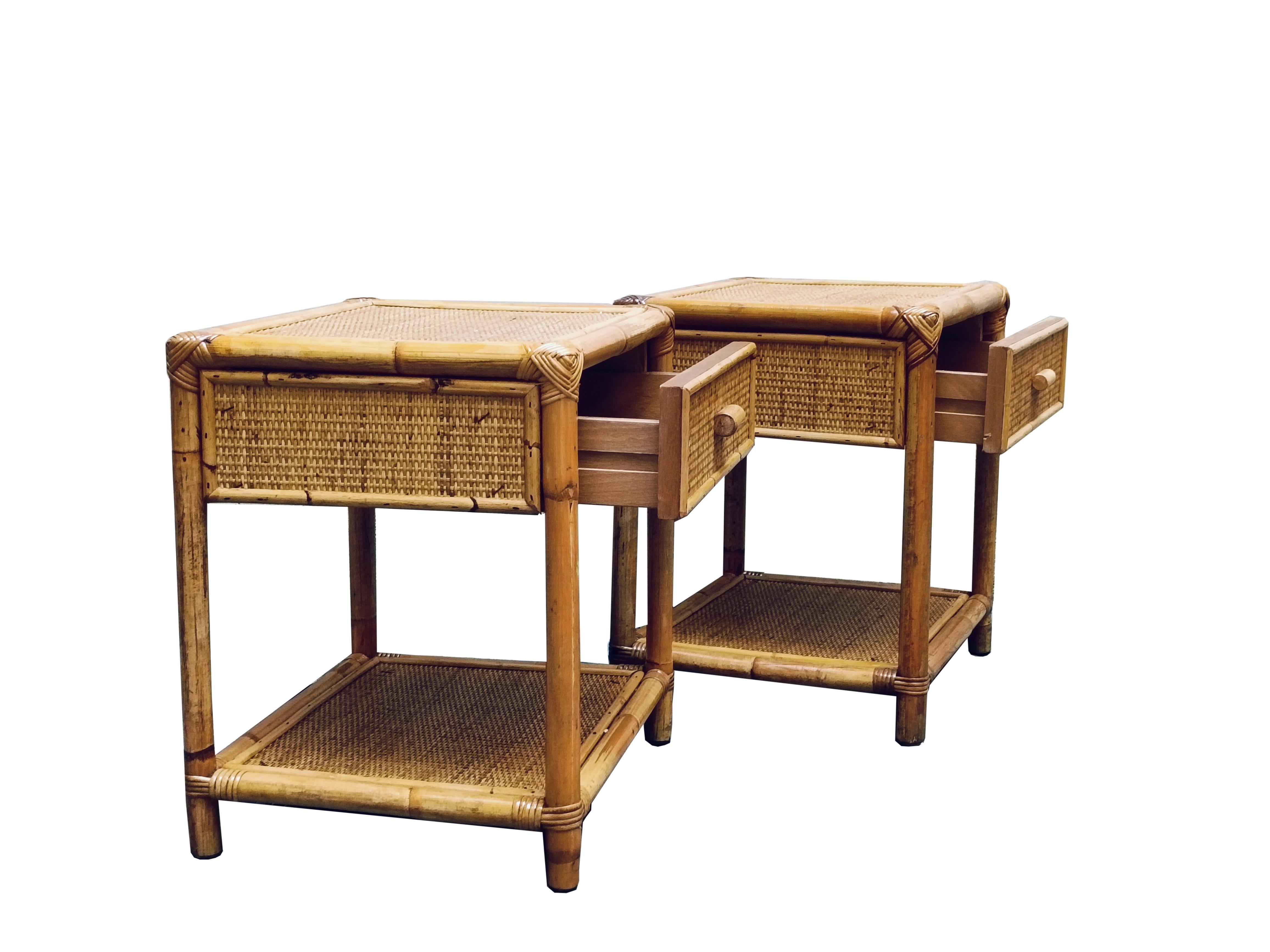 Late 20th Century Pair of Bamboo Cane and Rattan Italian Bedside Tables, 1970s