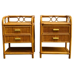 Pair of Bamboo Cane and Rattan Italian Bedside Tables, 1970s