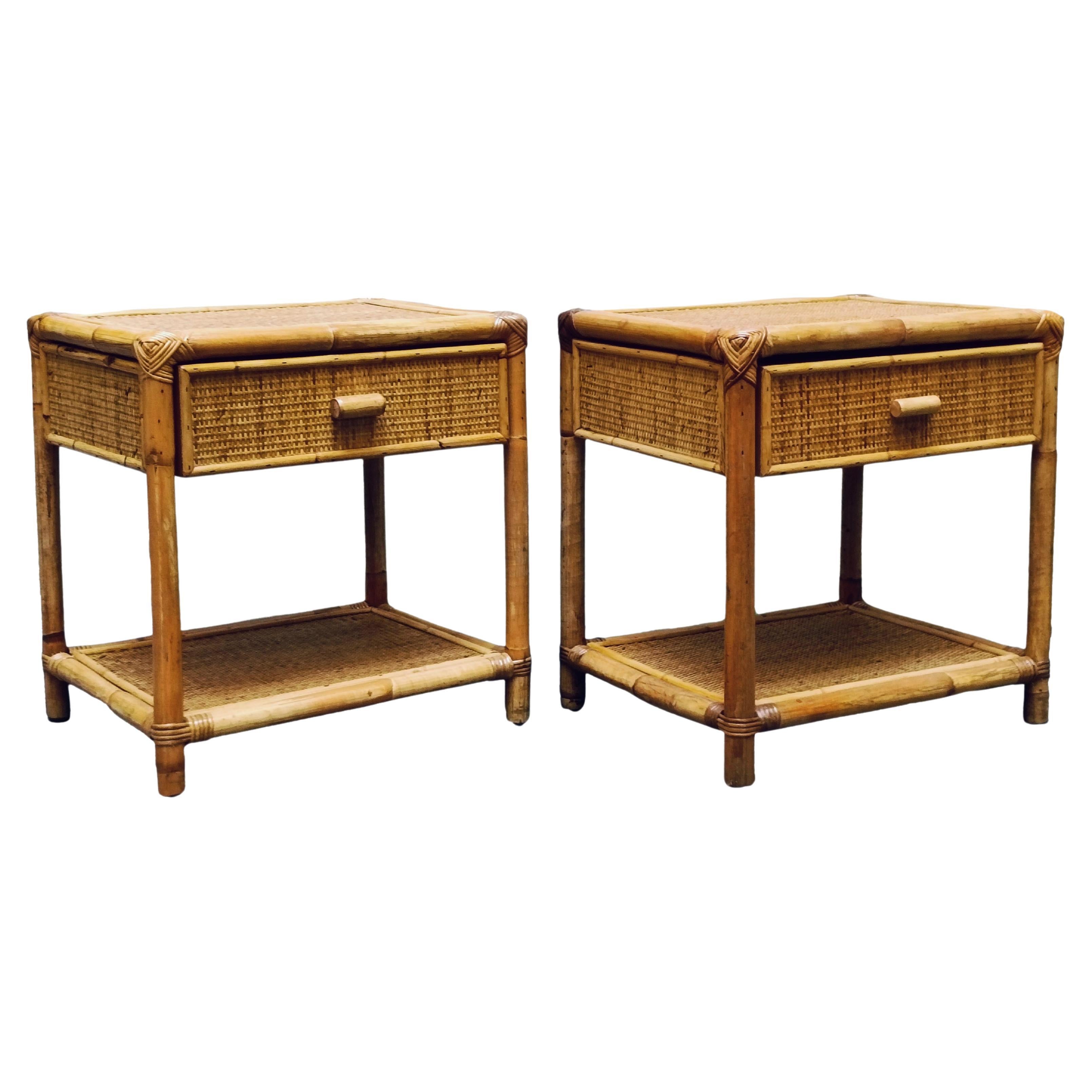 Pair of Bamboo Cane and Rattan Italian Bedside Tables, 1970s