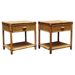 Pair of Bamboo Cane and Rattan Italian Bedside Tables, 1970s