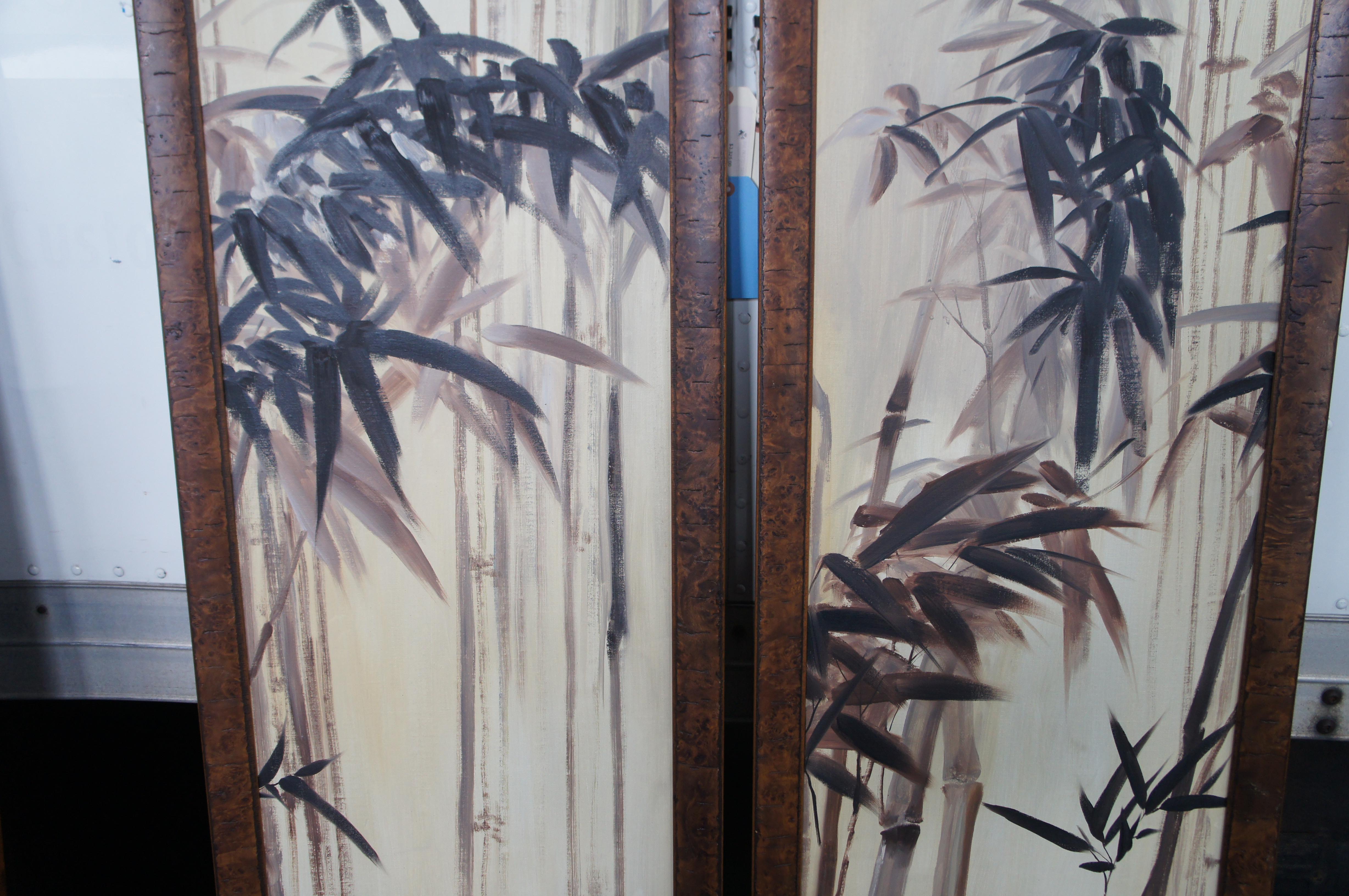 Pair of Bamboo Canvas Painting Burlwood Frame Room Divider Folding Screen 76