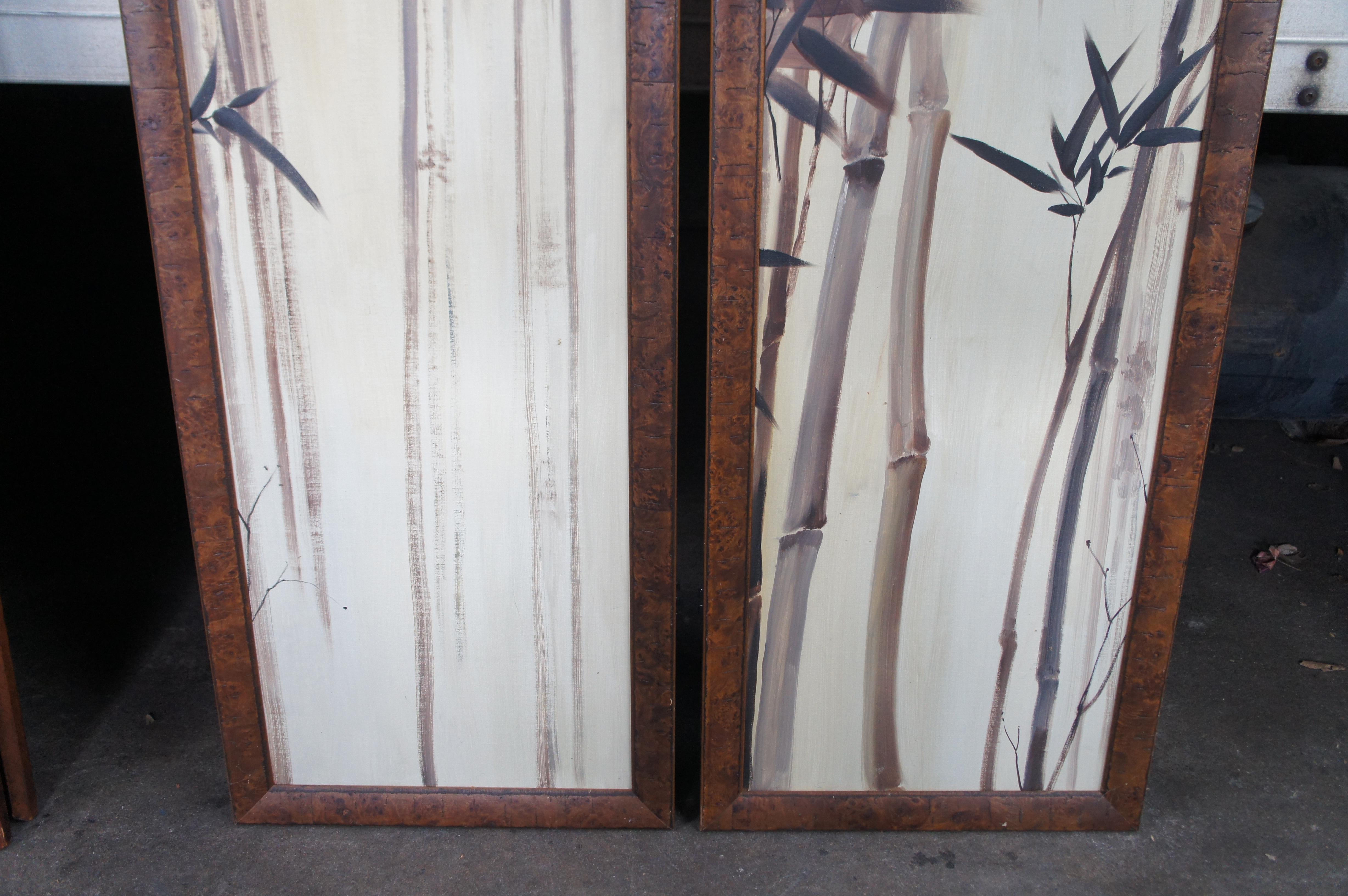 Pair of Bamboo Canvas Painting Burlwood Frame Room Divider Folding Screen 76