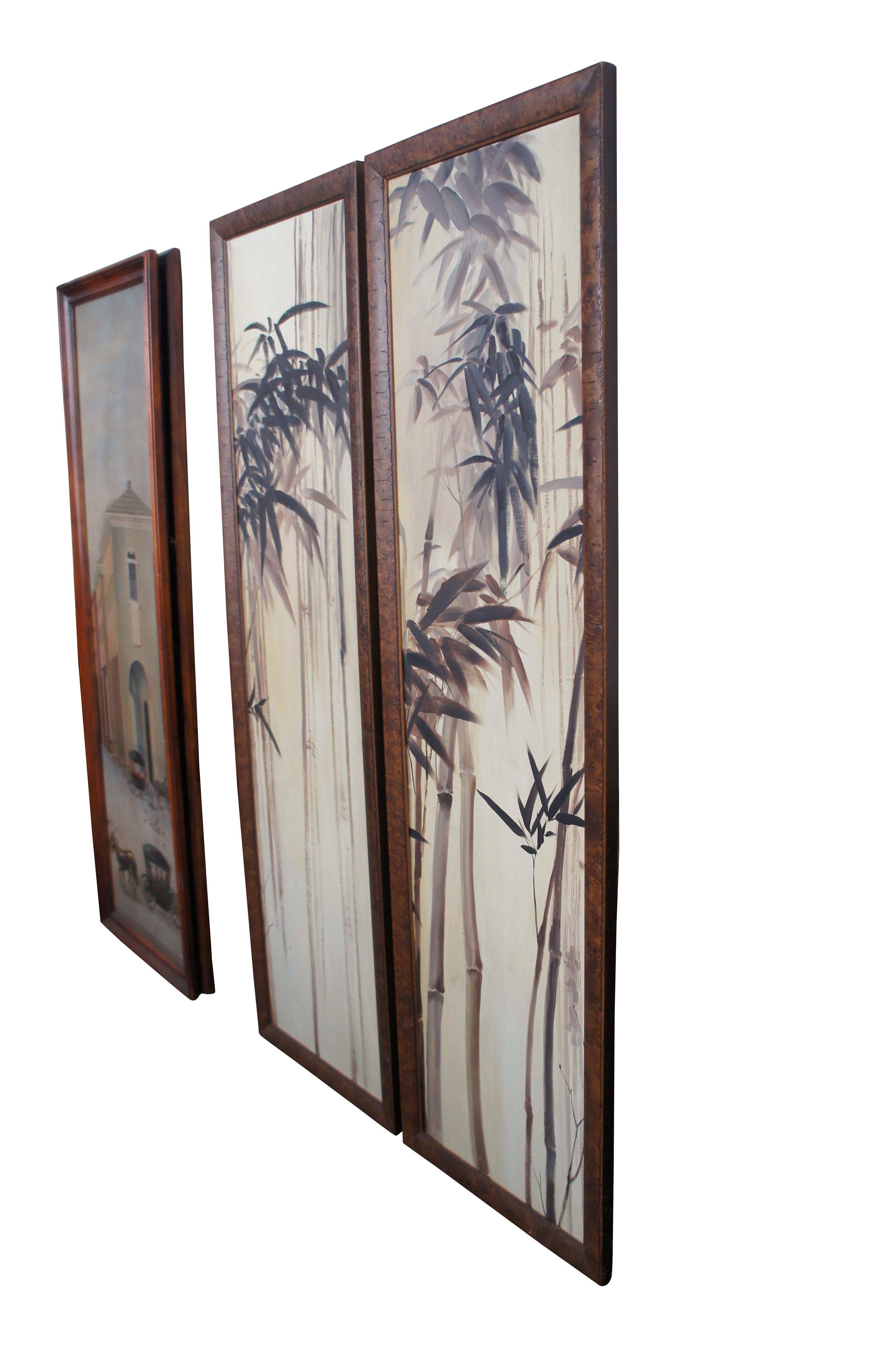Pair of Bamboo canvas paintings.  Each is framed in burlwood and can hang separately or combined to be used as a folding screen or room divider.  Each frame has hinges on the outside allowing for them to be used as a traditional folding screen with