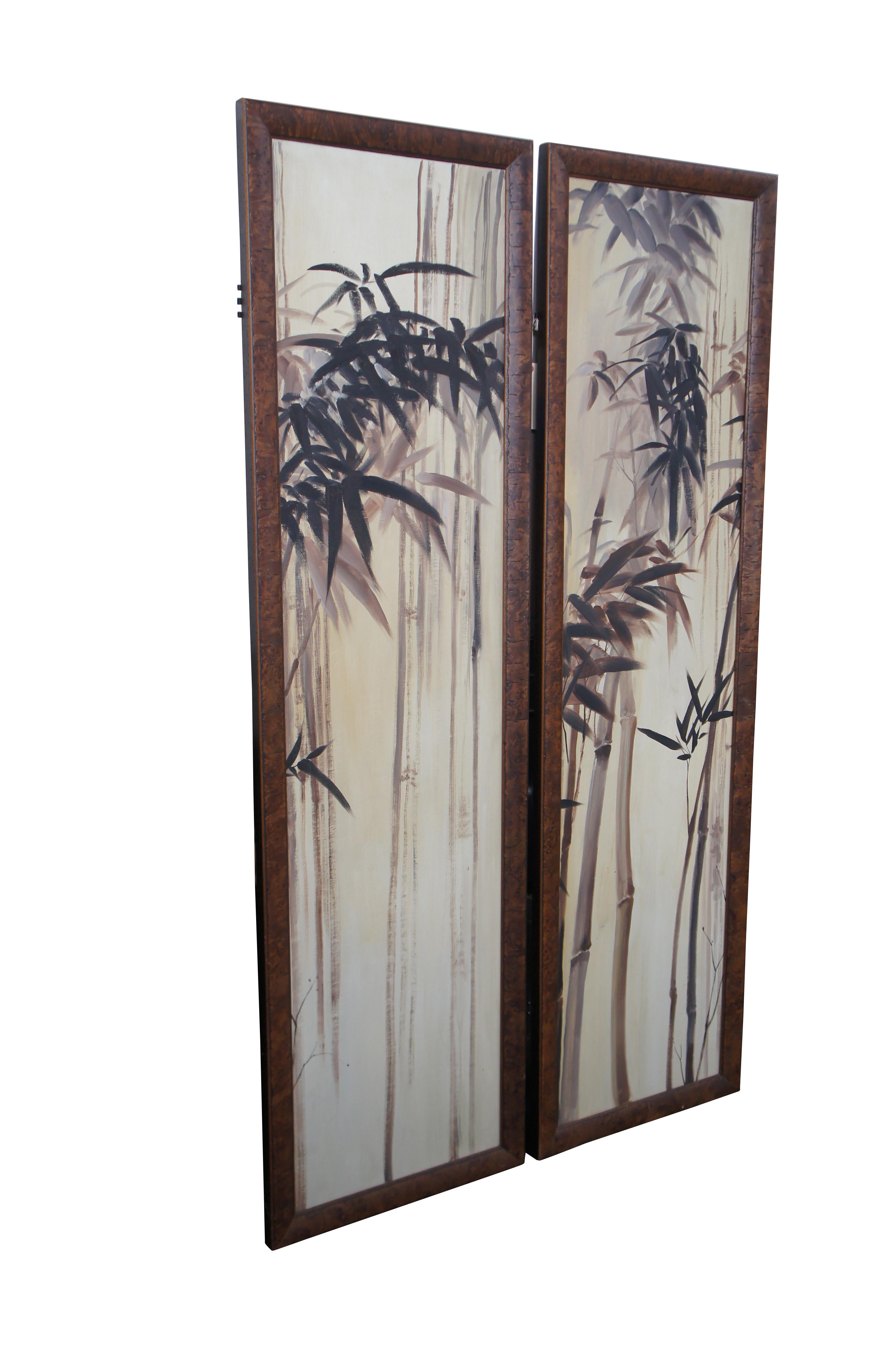 Pair of Bamboo Canvas Painting Burlwood Frame Room Divider Folding Screen 76