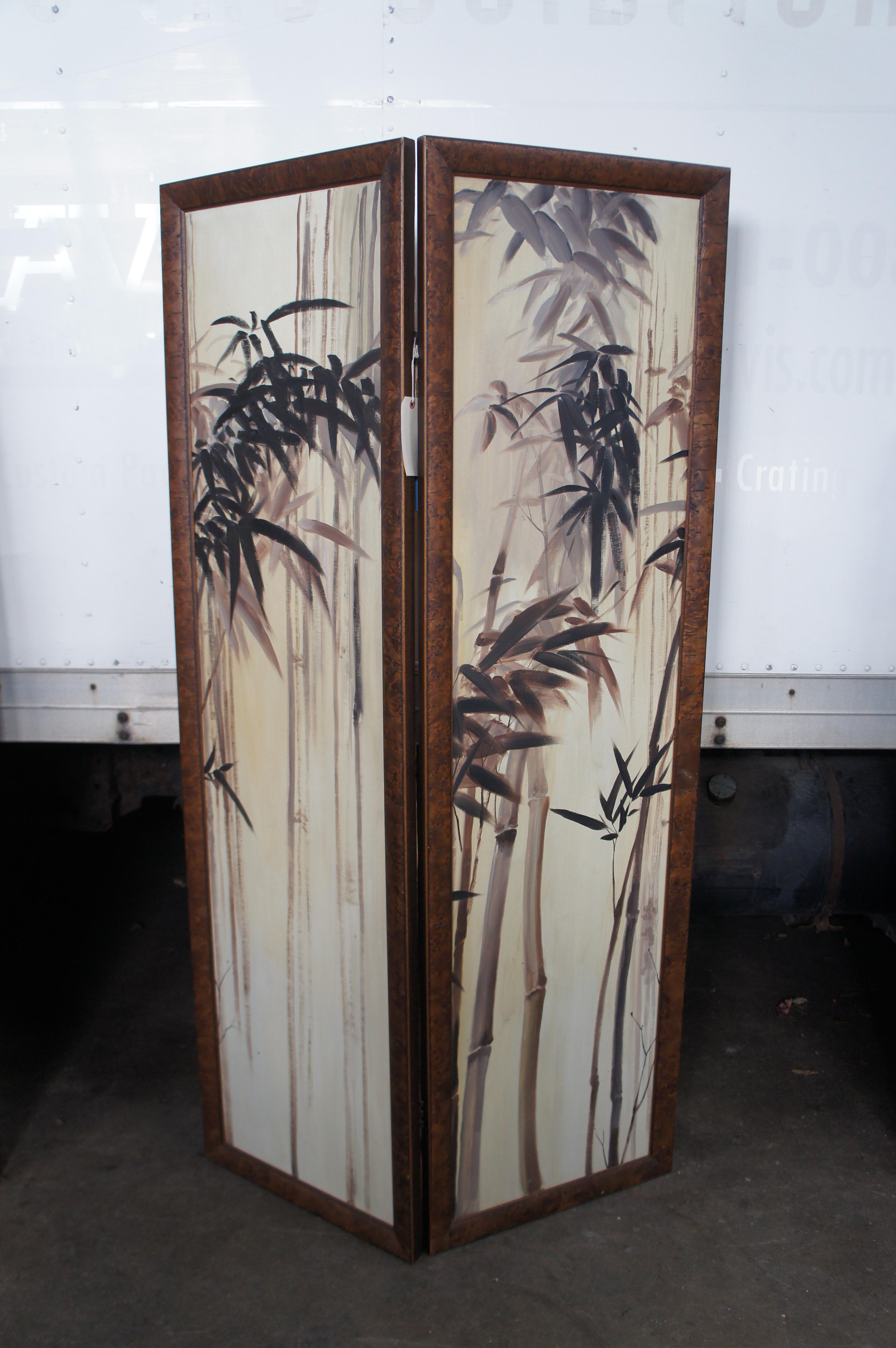 20th Century Pair of Bamboo Canvas Painting Burlwood Frame Room Divider Folding Screen 76
