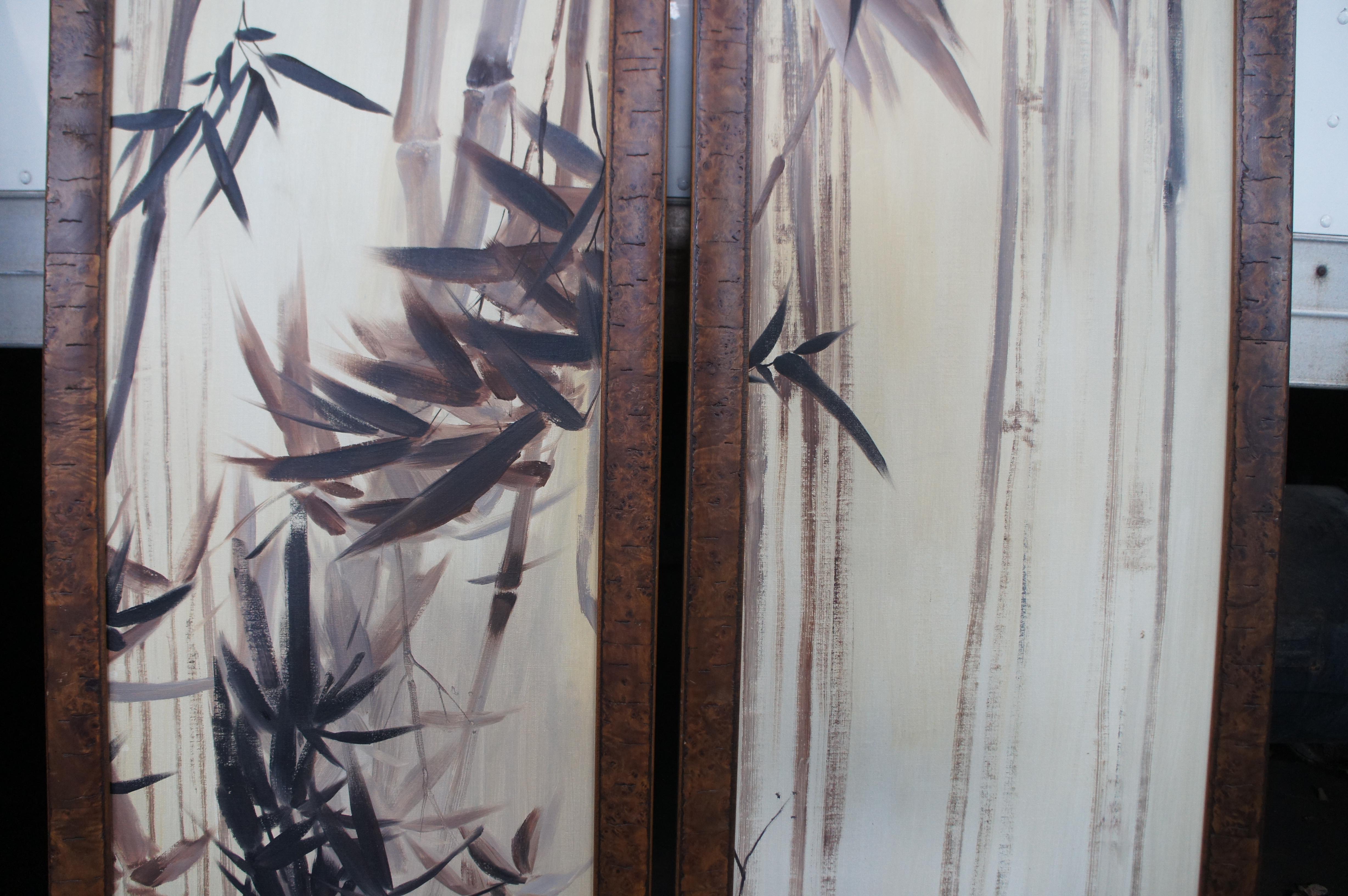 Pair of Bamboo Canvas Painting Burlwood Frame Room Divider Folding Screen 76
