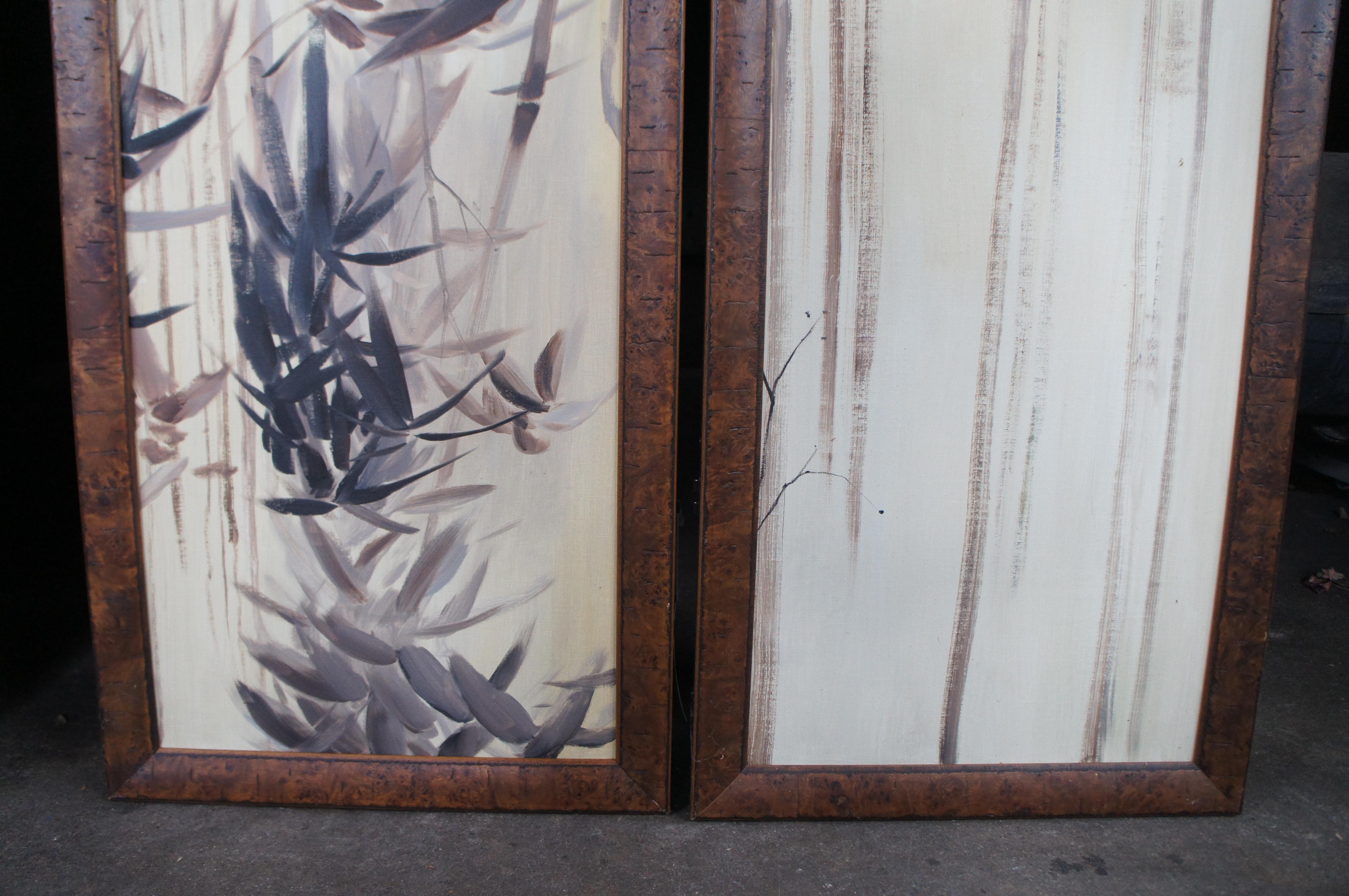 Pair of Bamboo Canvas Painting Burlwood Frame Room Divider Folding Screen 76