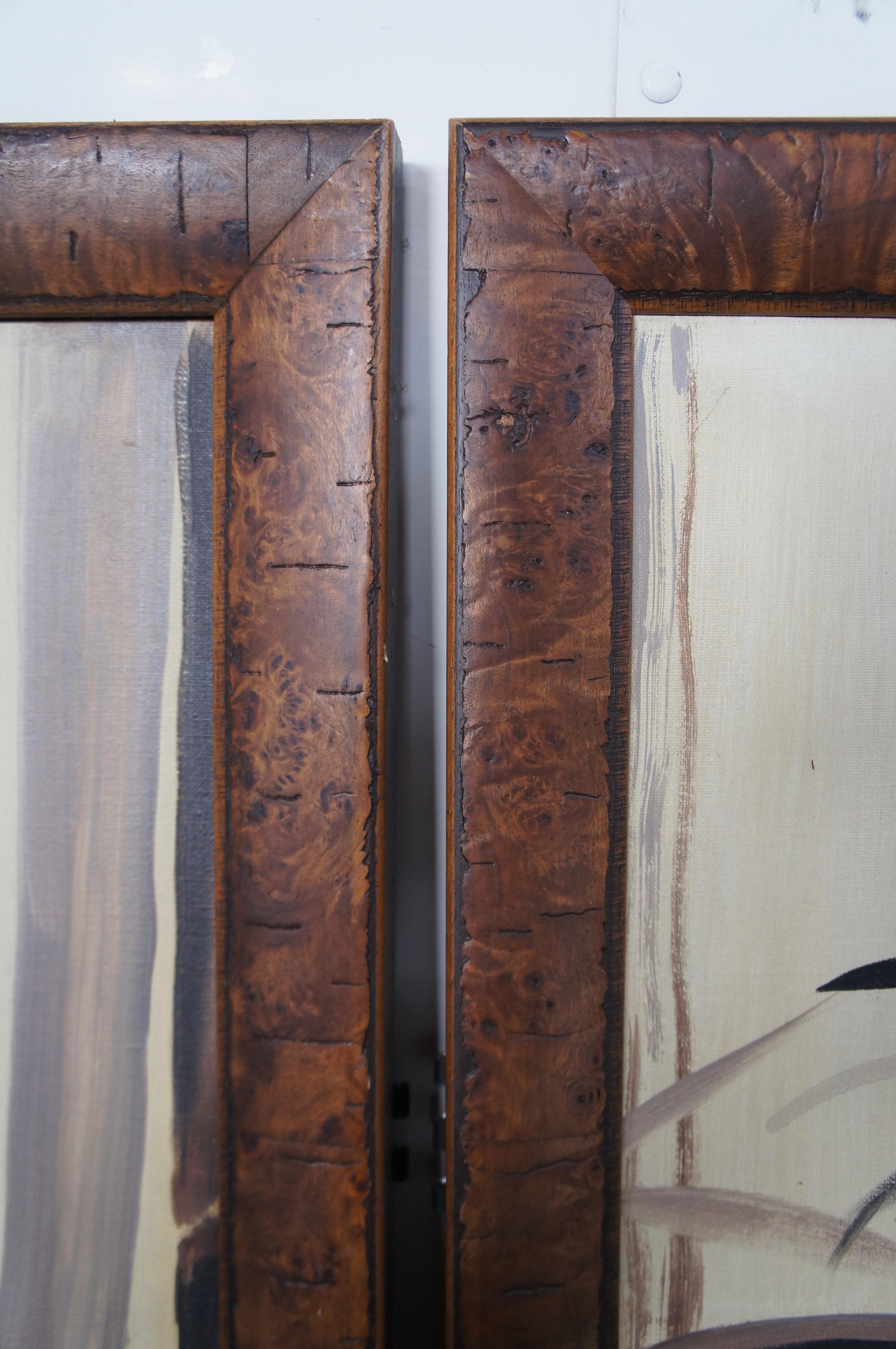 Pair of Bamboo Canvas Painting Burlwood Frame Room Divider Folding Screen 76