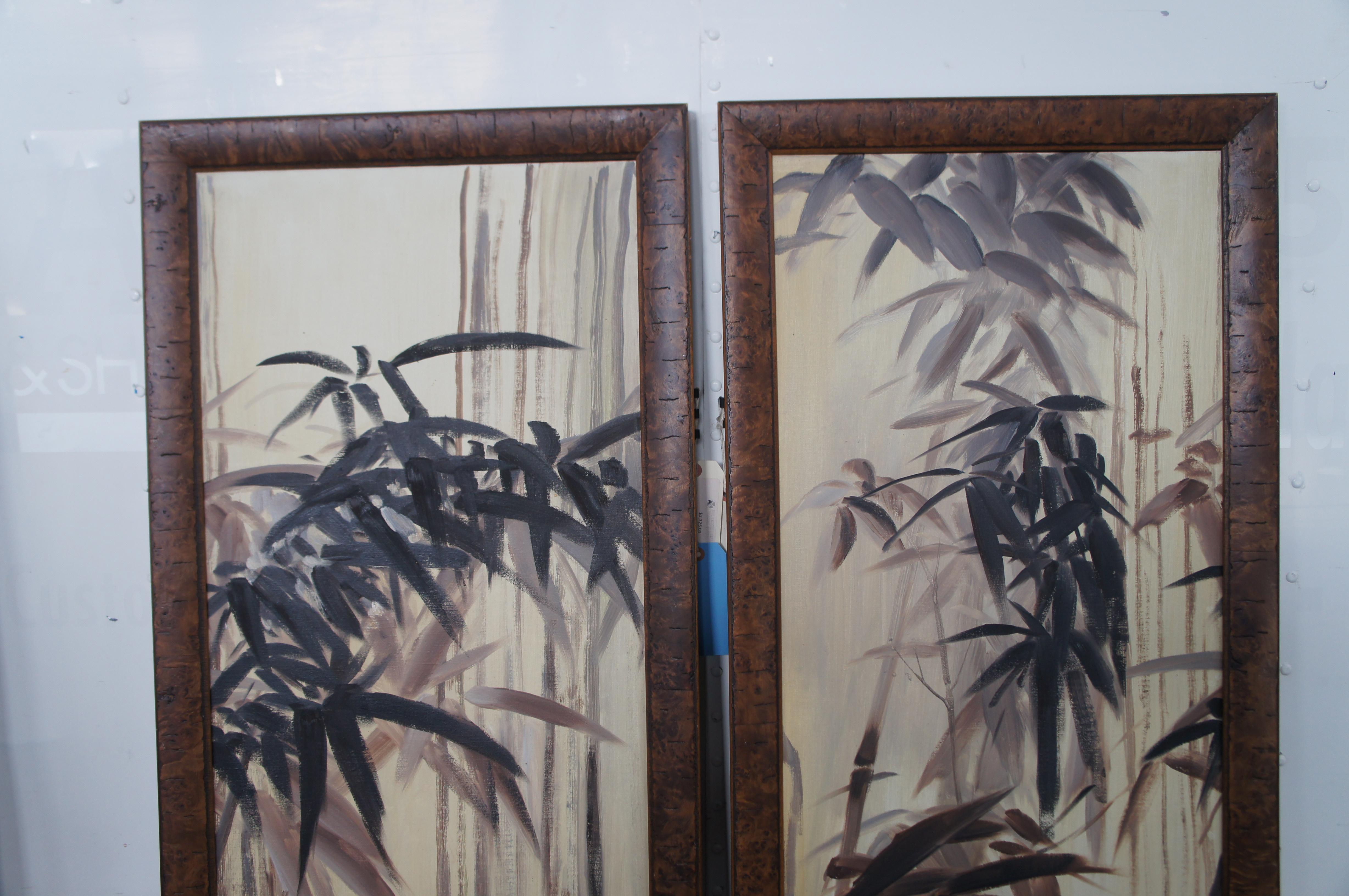 Pair of Bamboo Canvas Painting Burlwood Frame Room Divider Folding Screen 76